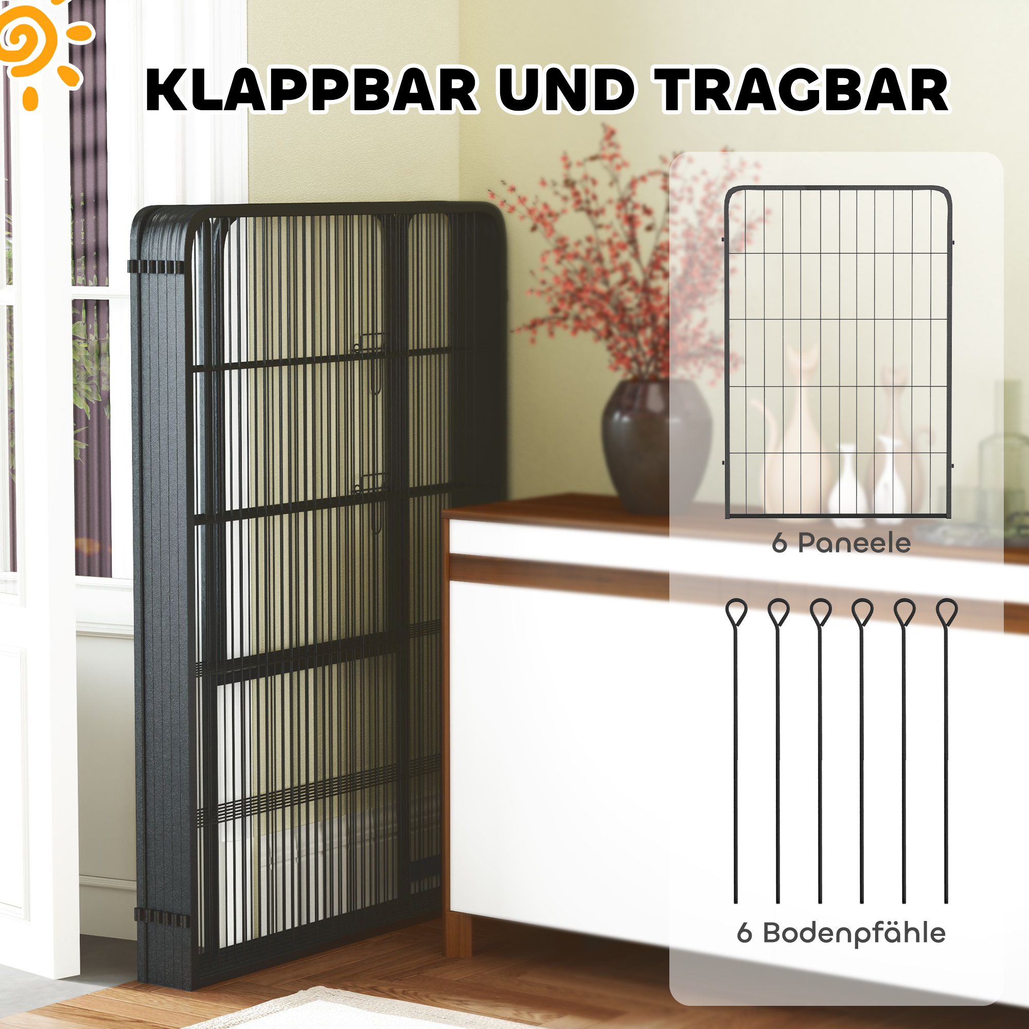 Laufstall für Hunde mit 6 Paneelen, robust, mit sicherer Tür, für drinnen und draußen, für Garten, Camping, 100 cm hoch