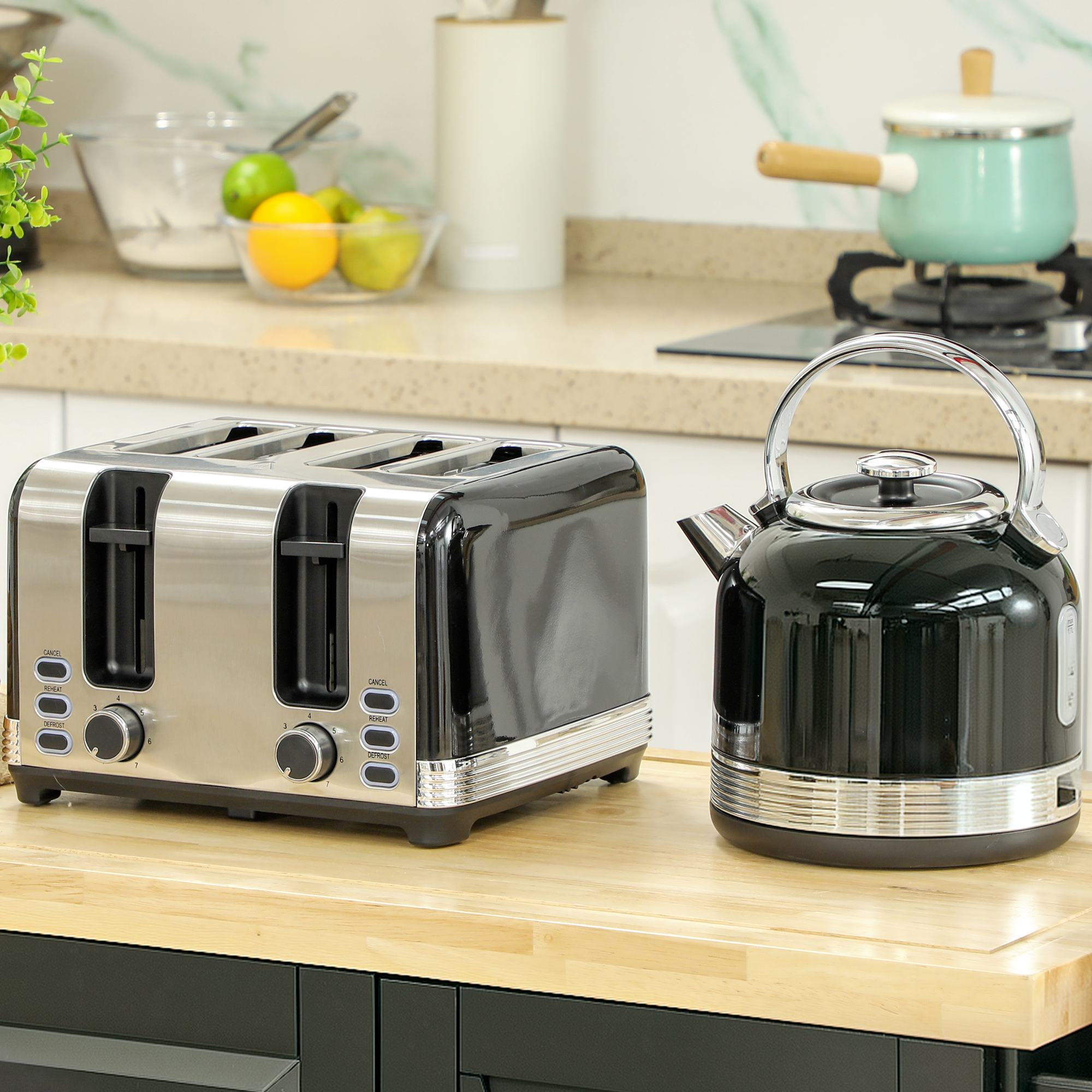Wasserkocher- und Toaster-Set, 7 Bräunungsstufen, 1,7 L, Kunststoff, Edelstahl, Schwarz