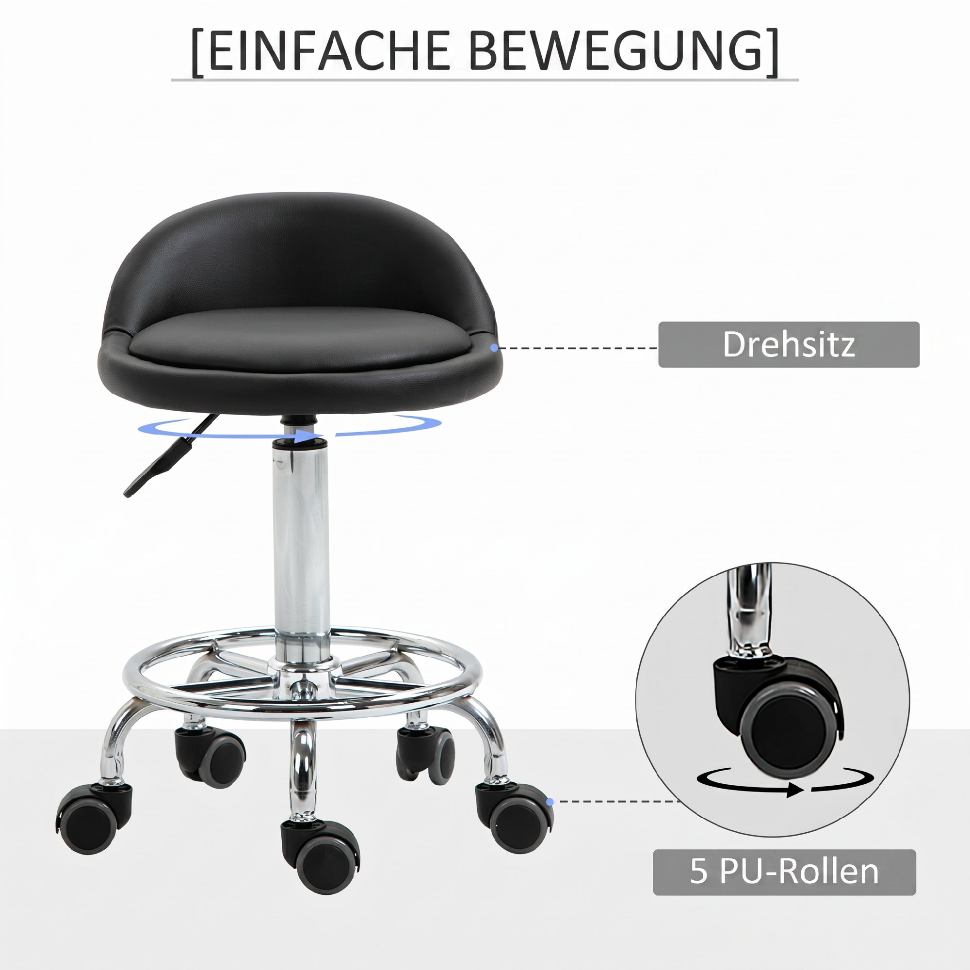 Rollhocker mit Rückenlehne 57-72 cm höhenverstellbar Drehhocker für Büro Salon Massage