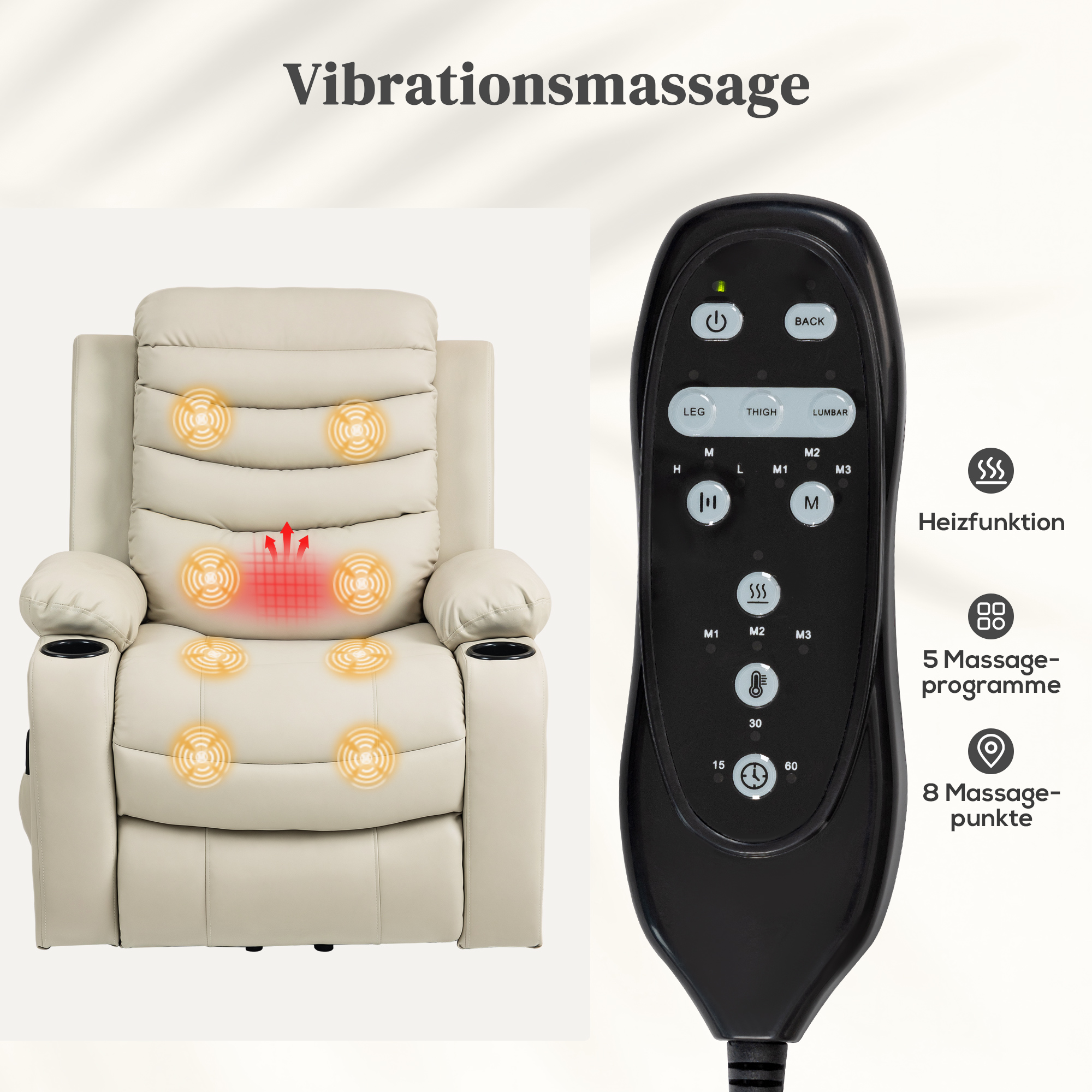 Fernsehsessel Relaxsessel Elektrisch mit Aufstehhilfe, Massage, Heizung, USB-Anschlüsse, PU, Creme