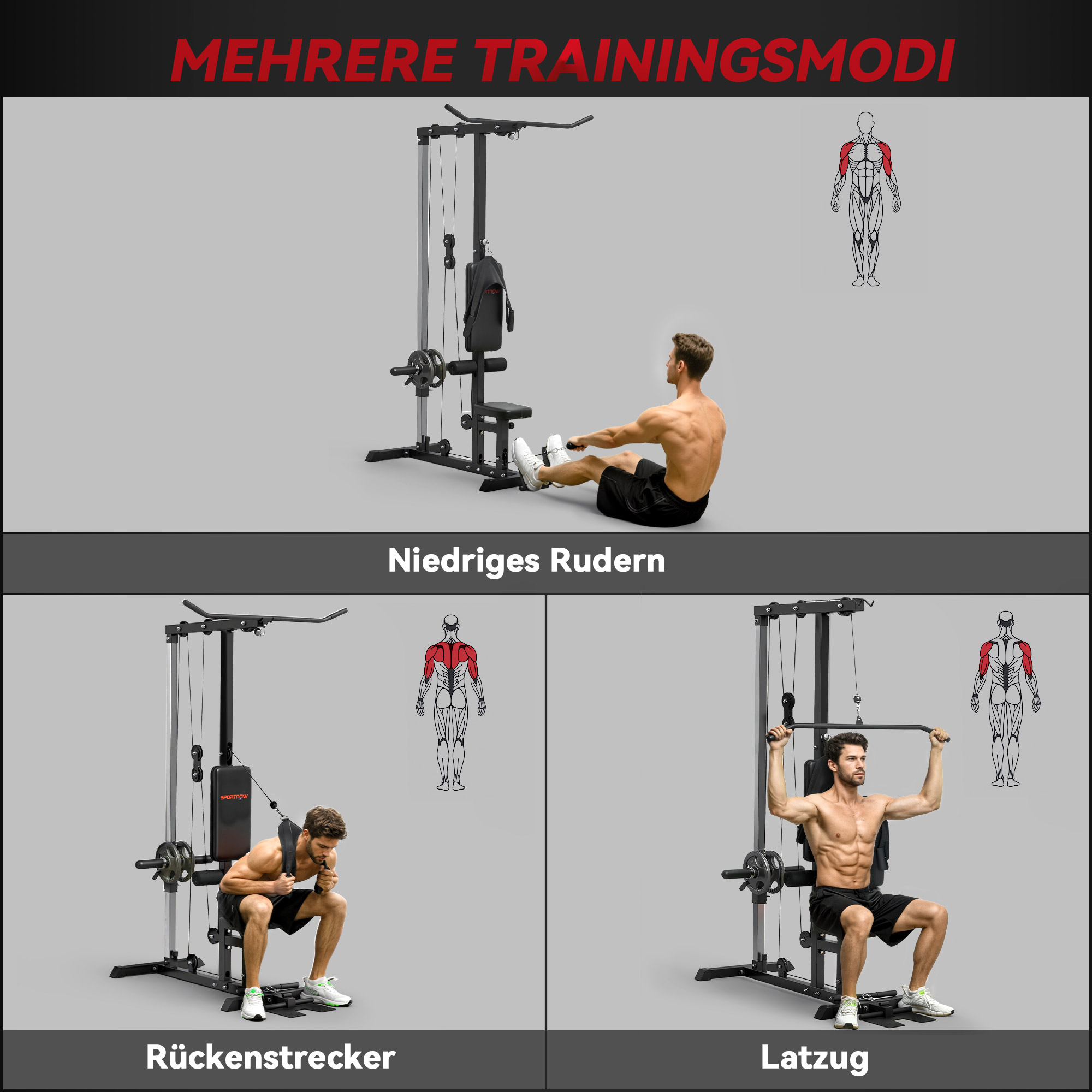 Kraftstation für Zuhause, Ruderzüge, ohne Gewichte, Fitnessgerät für Zuhause, Stahl, Kunstleder, Schwarz