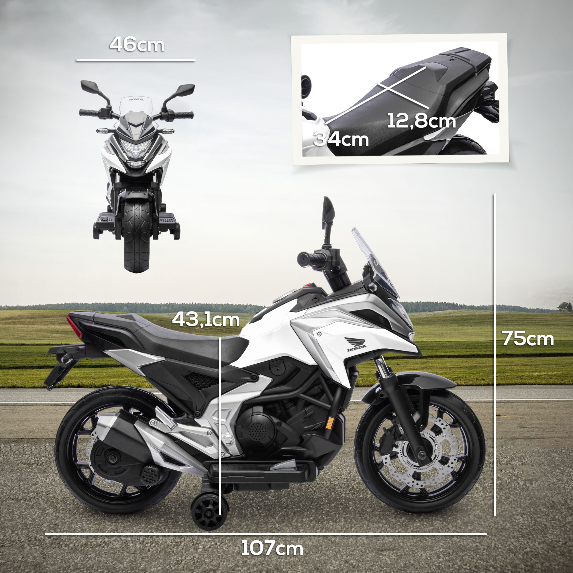 Elektro-Kindermotorrad, Honda, 3 km/h, Musik & Licht, 3-6 Jahre, bis 30 kg, Weiß