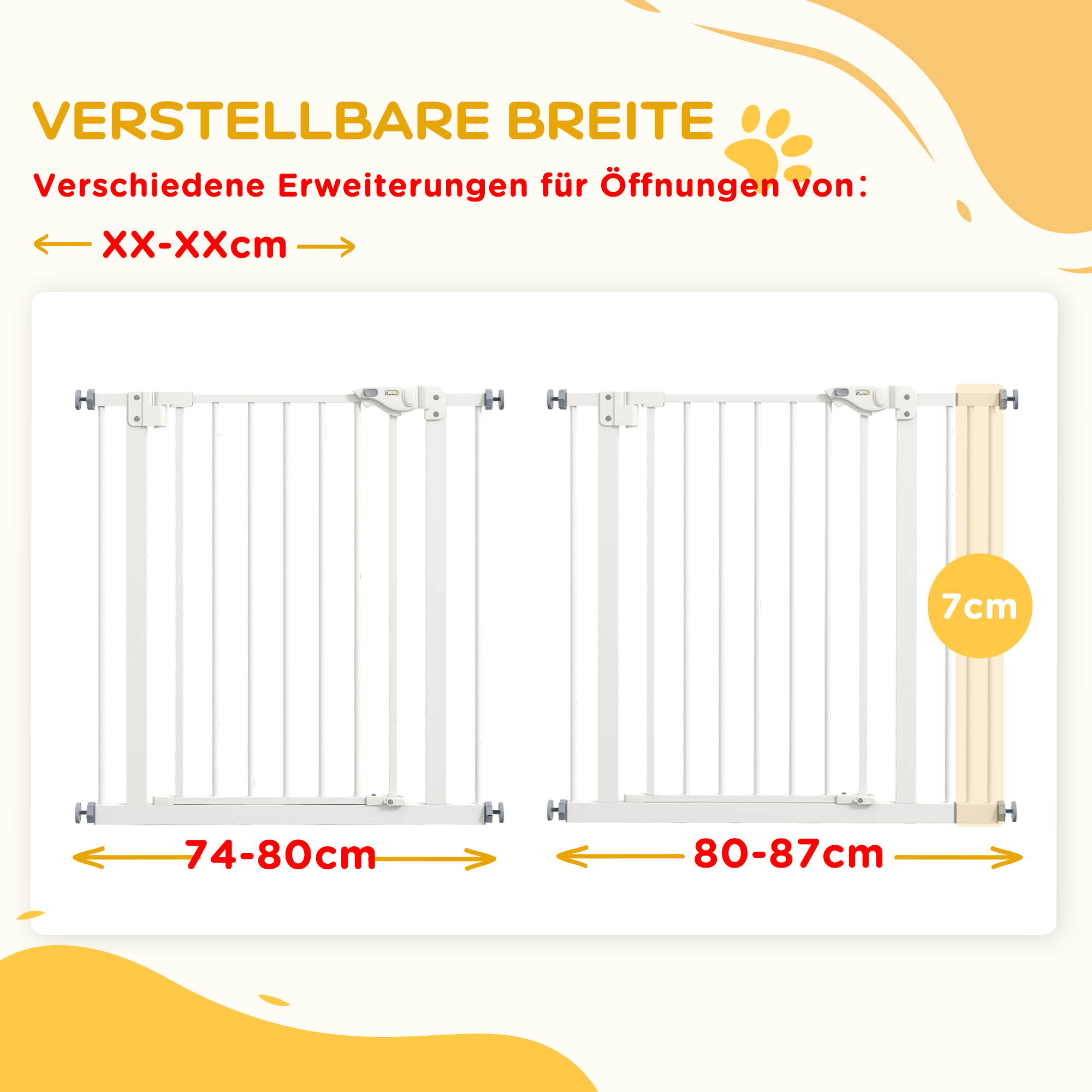 Türschutzgitter für Hunde, Absperrgitter, Schutzgitter für Haustiere, Metall, Kunststoff, 74-87 cm, Weiß