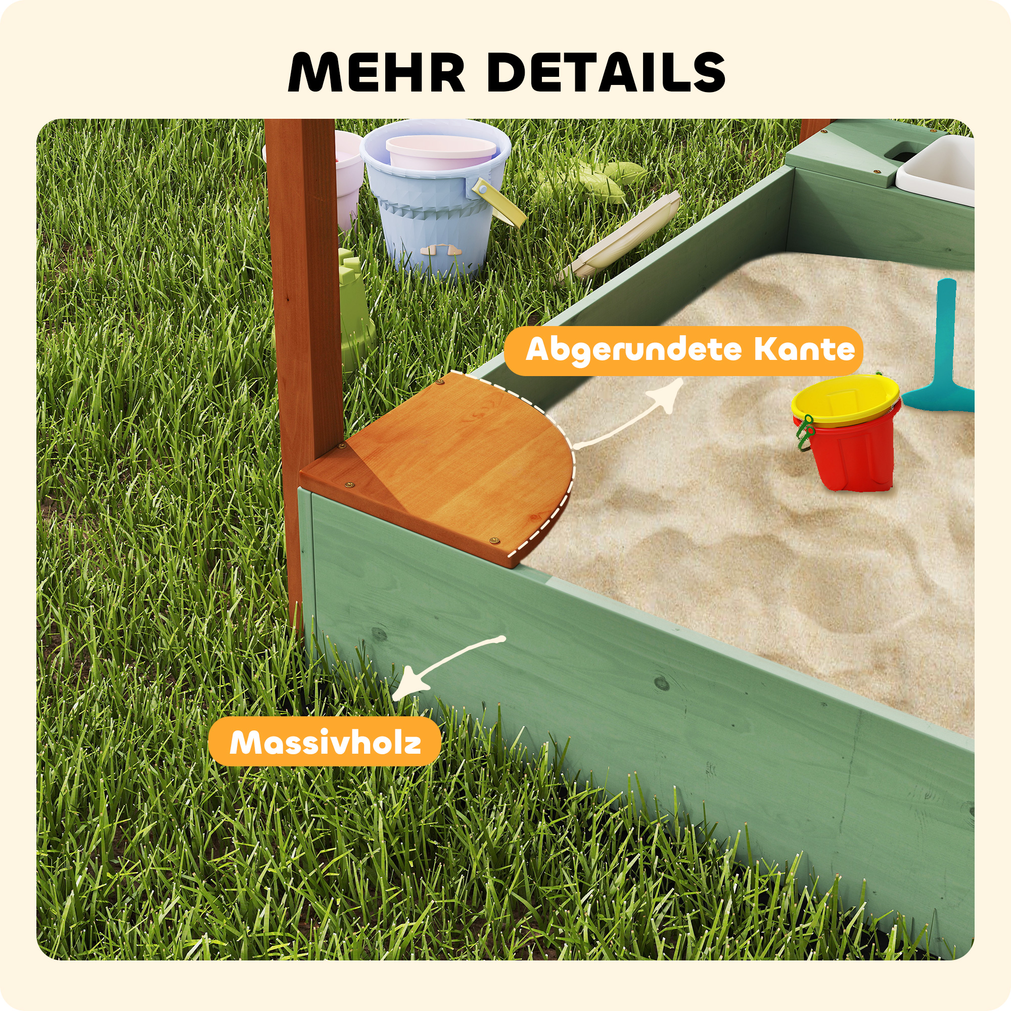 Sandkasten mit Sonnendach für Kinder, 2 Aufbewahrungsbehälter, 116L x 112,5B x 128H cm, Tannenholz, Kunststoff, Grün