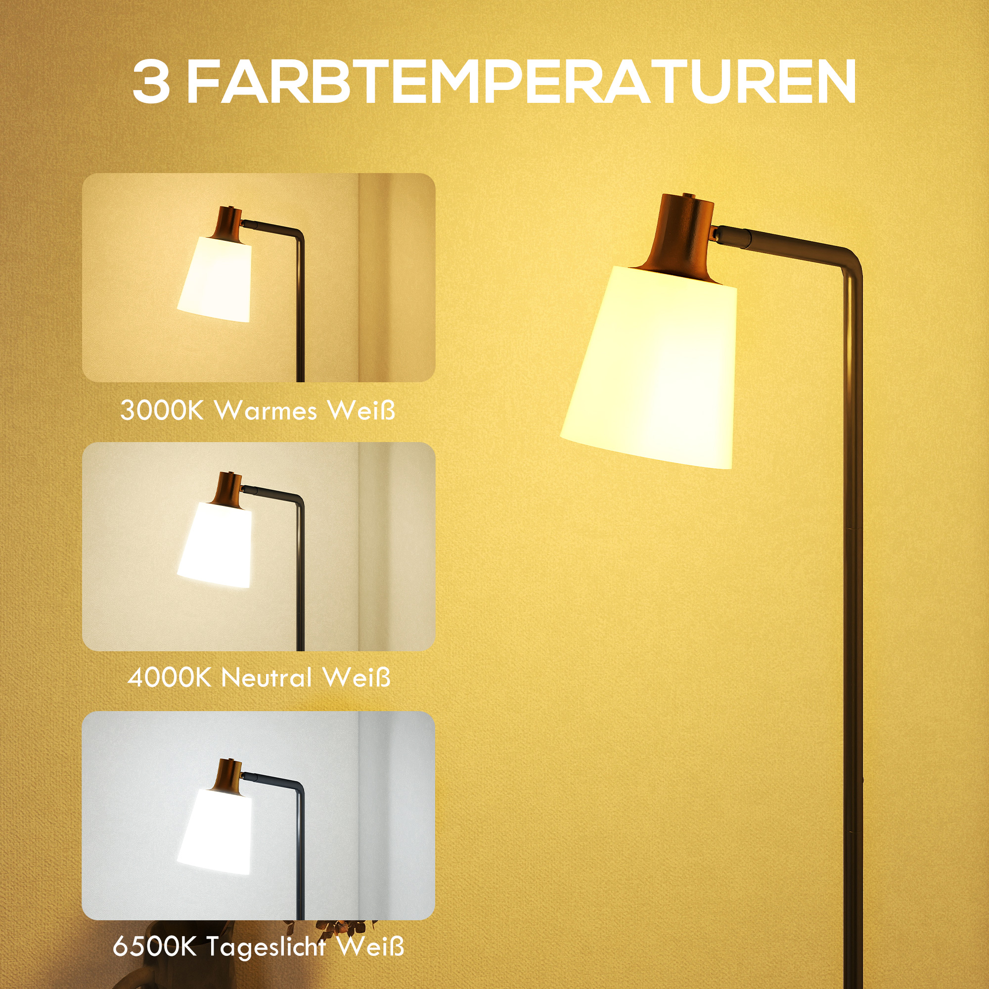 LED Stehlampe Wohnzimmer Stehleuchte mit 350° drehbar Kopf Standleuchte mit 3000K/4000K/6500K Farbtemperaturen Schwarz