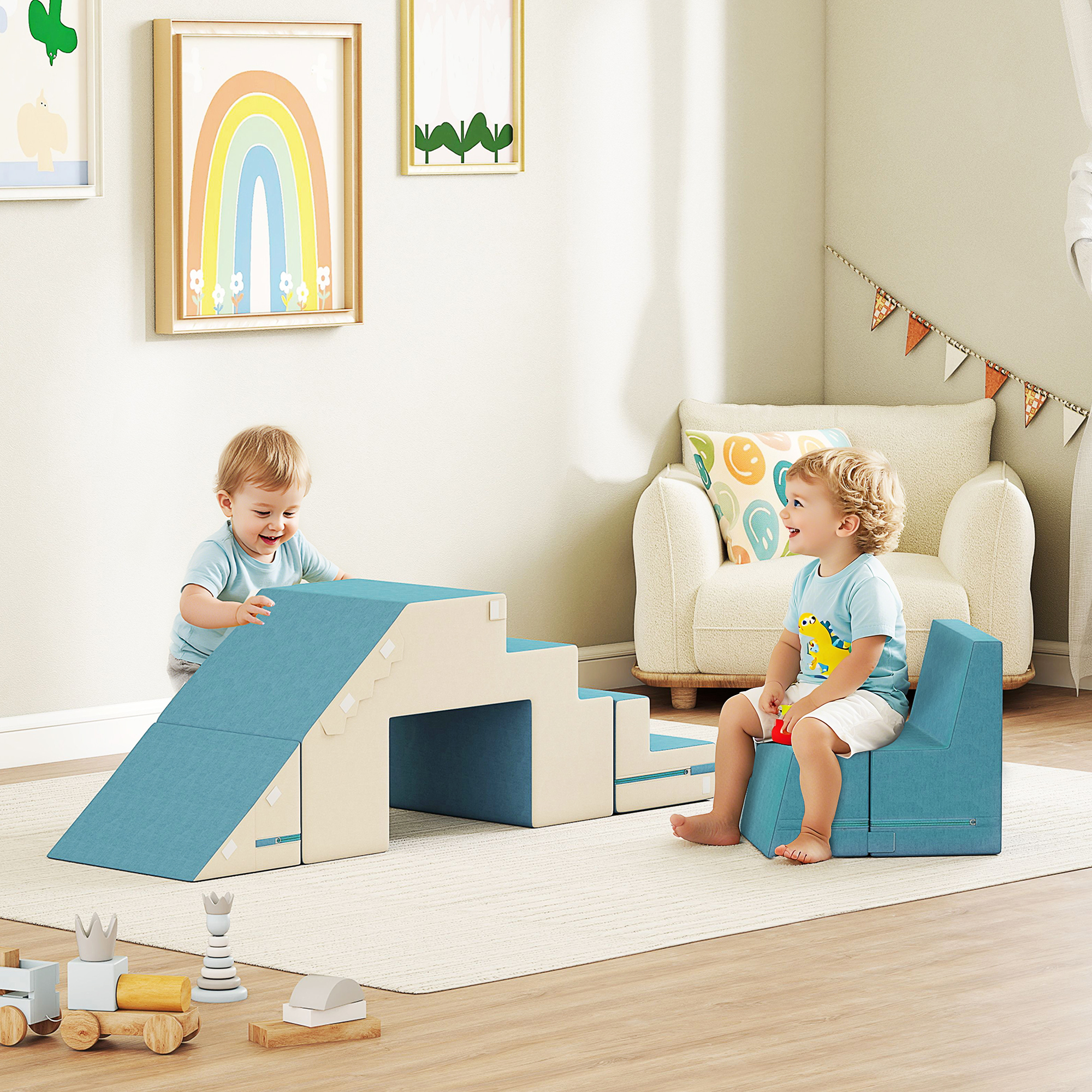 2-teiliges weiches Spielblöcke-Set für Kleinkinder, Kunstleder, Schaumstoff, zum Klettern, Bauen, Spielen, Beige+Blau