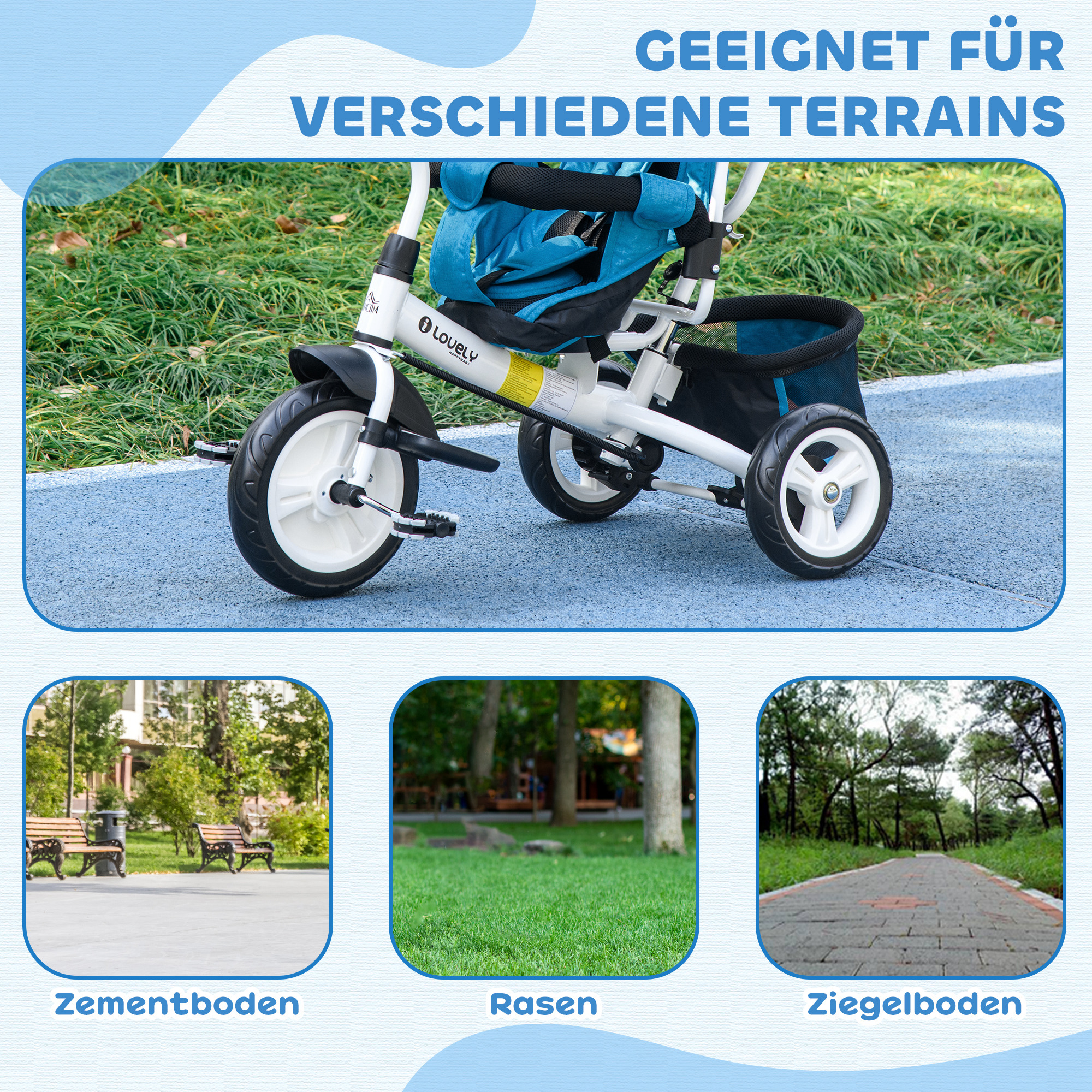 Kinder-Dreirad, Kinderfahrrad, Rückenkorb, Becherhalter, Sonnendach, Metall, Blau