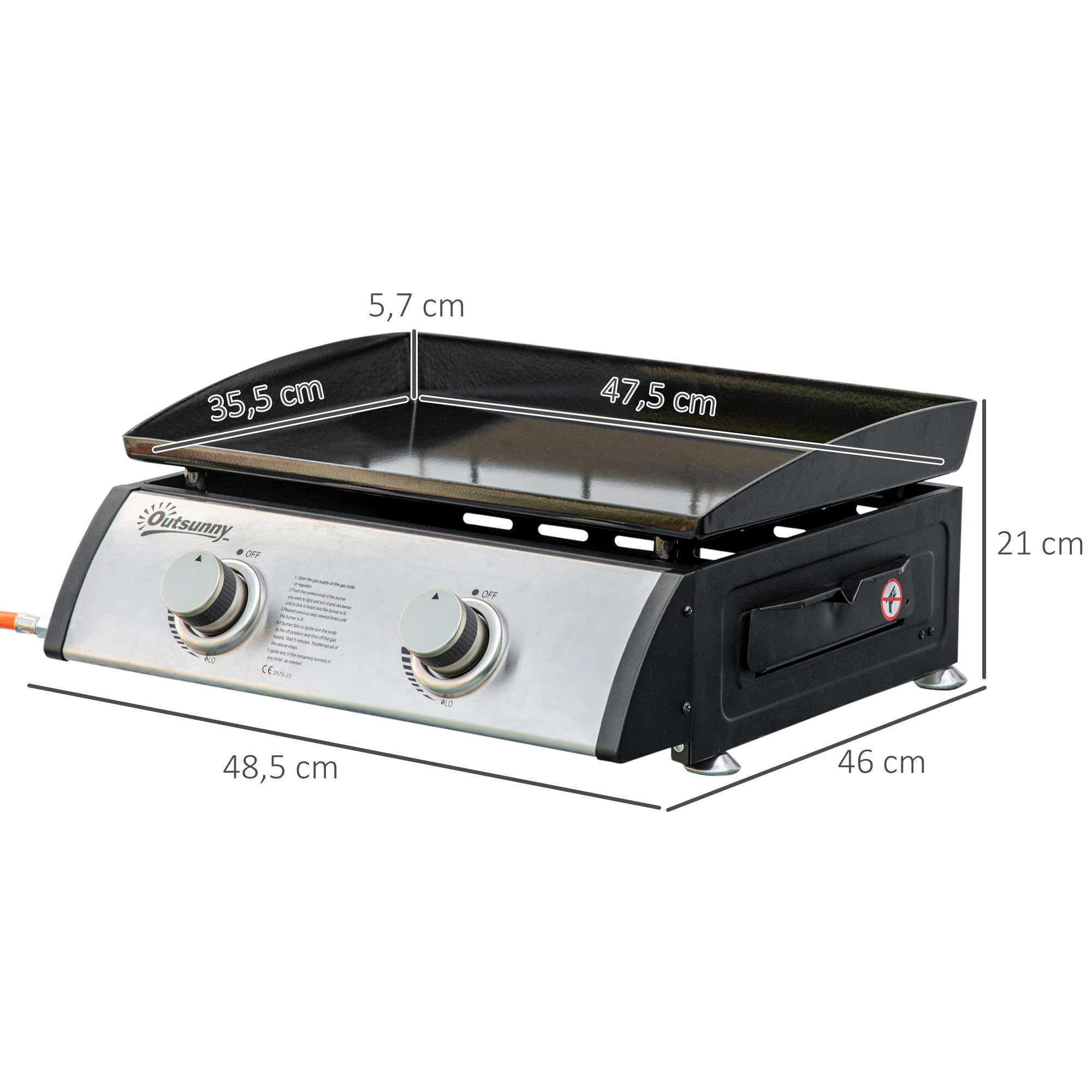 Gasgrill mit 2 Brennern, Schlauch, Antihaft-Grillplatte, Edelstahl, Farbe: Silber, 48,5 x 48 x 21 cm