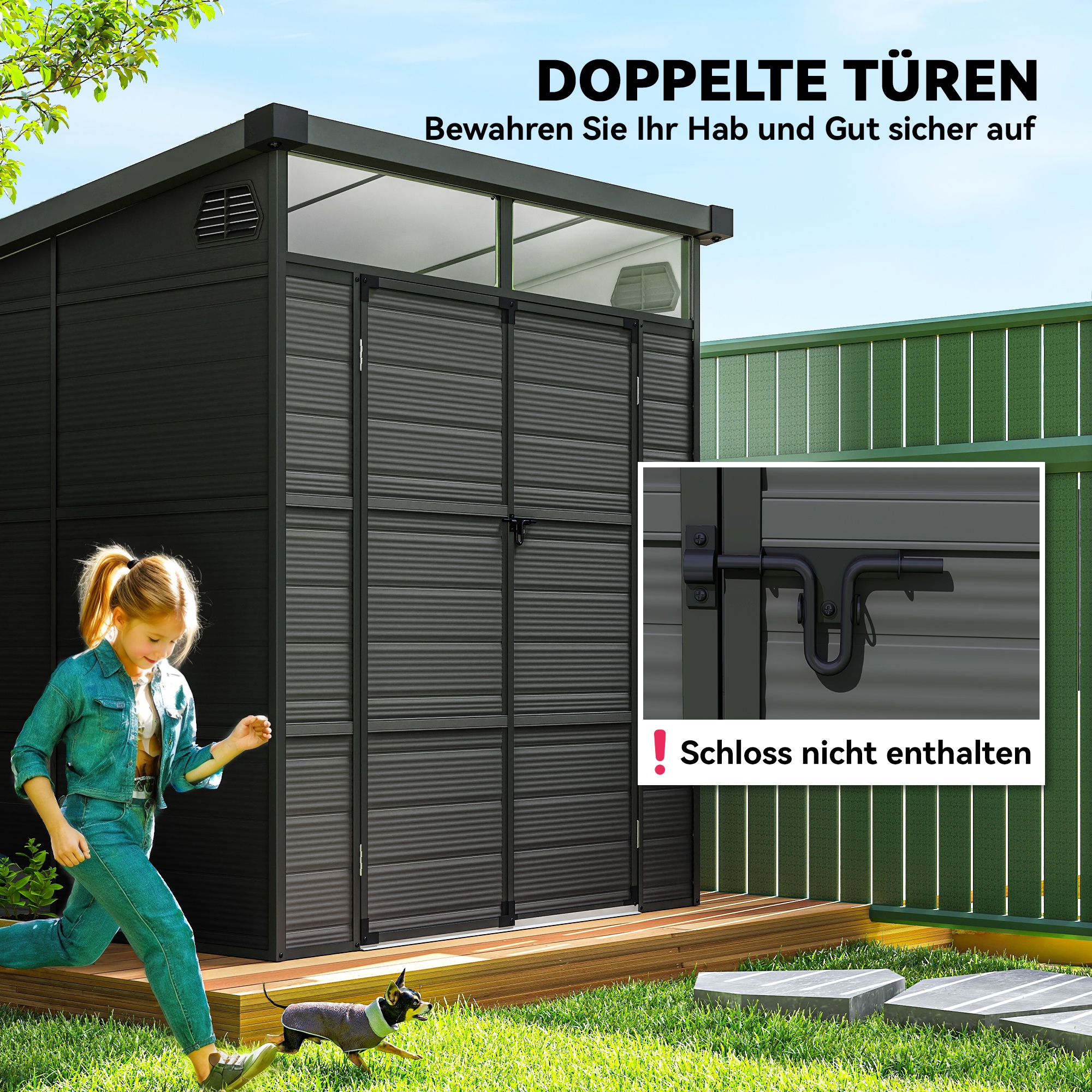 1,9 x 1,9  m Gartenschuppen, Werkzeugschuppen aus Kunststoff , verschließbare Türen, 2 Lüftungsöffnungen, Dunkelgrau