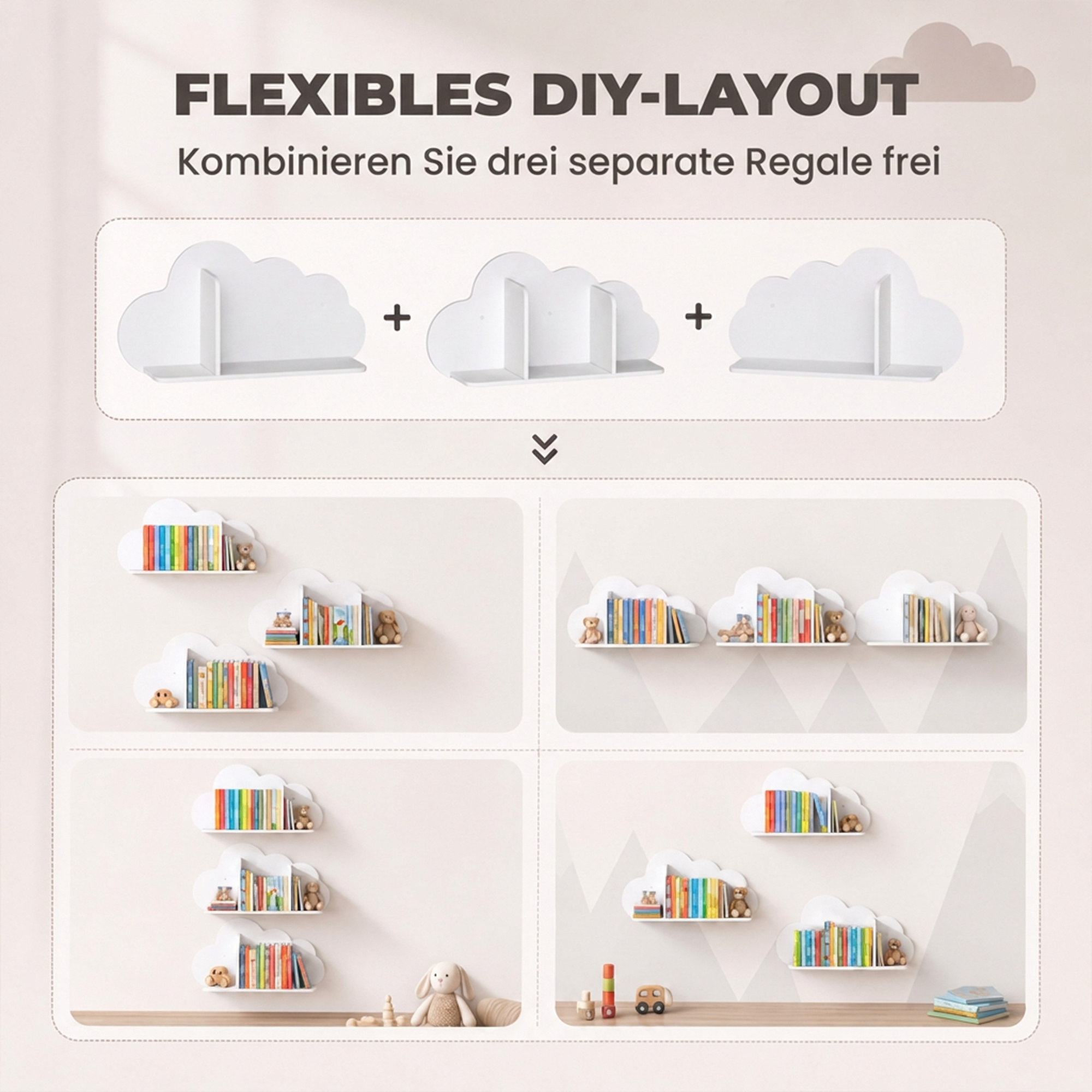 3er Set Wandregal Kinder 60cm Wand Bücherregal im Wolkenform Schwebende Bücherregal Montessori für 3–8 Weiß