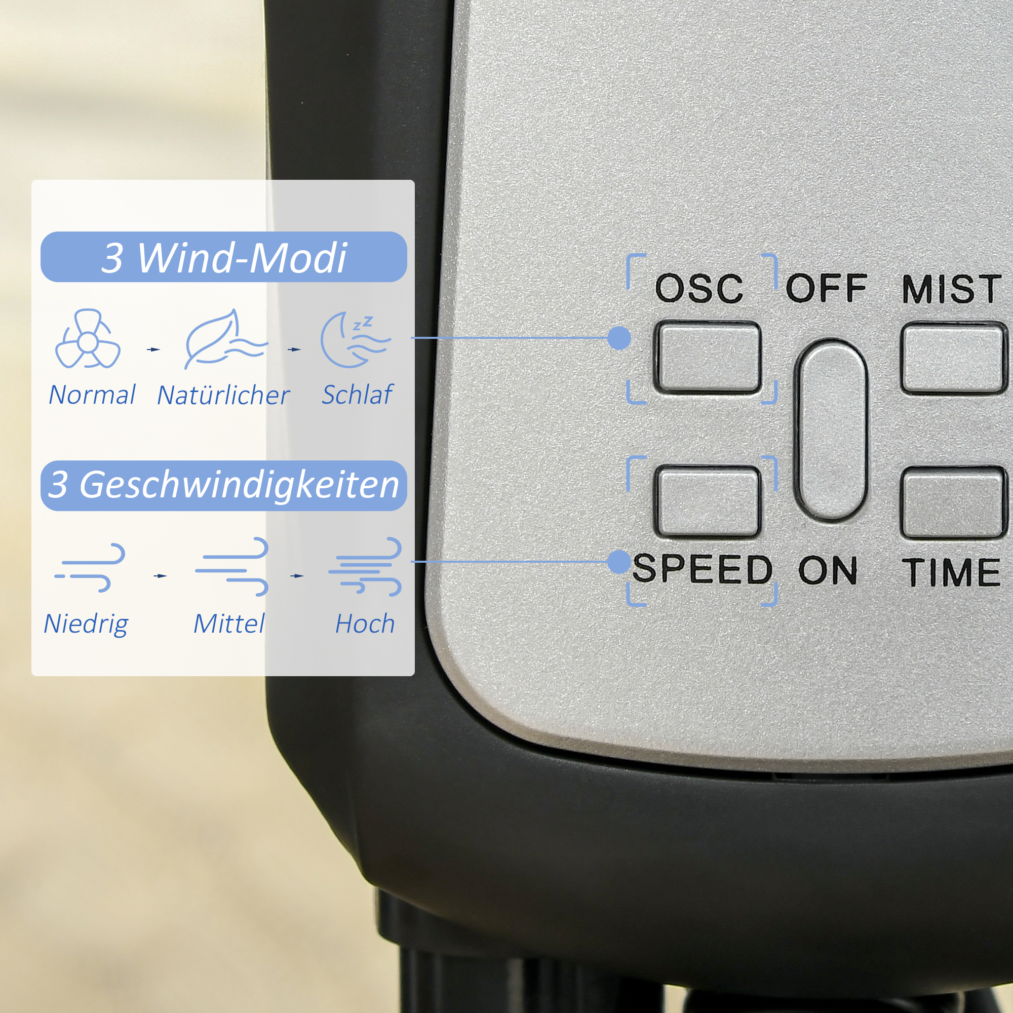 Standventilator, Luftbefeuchter, mit 2,8L Tank, 3 Modi, Fernbedienung, mobil, schwarz, Ø44,5  x 120 cm