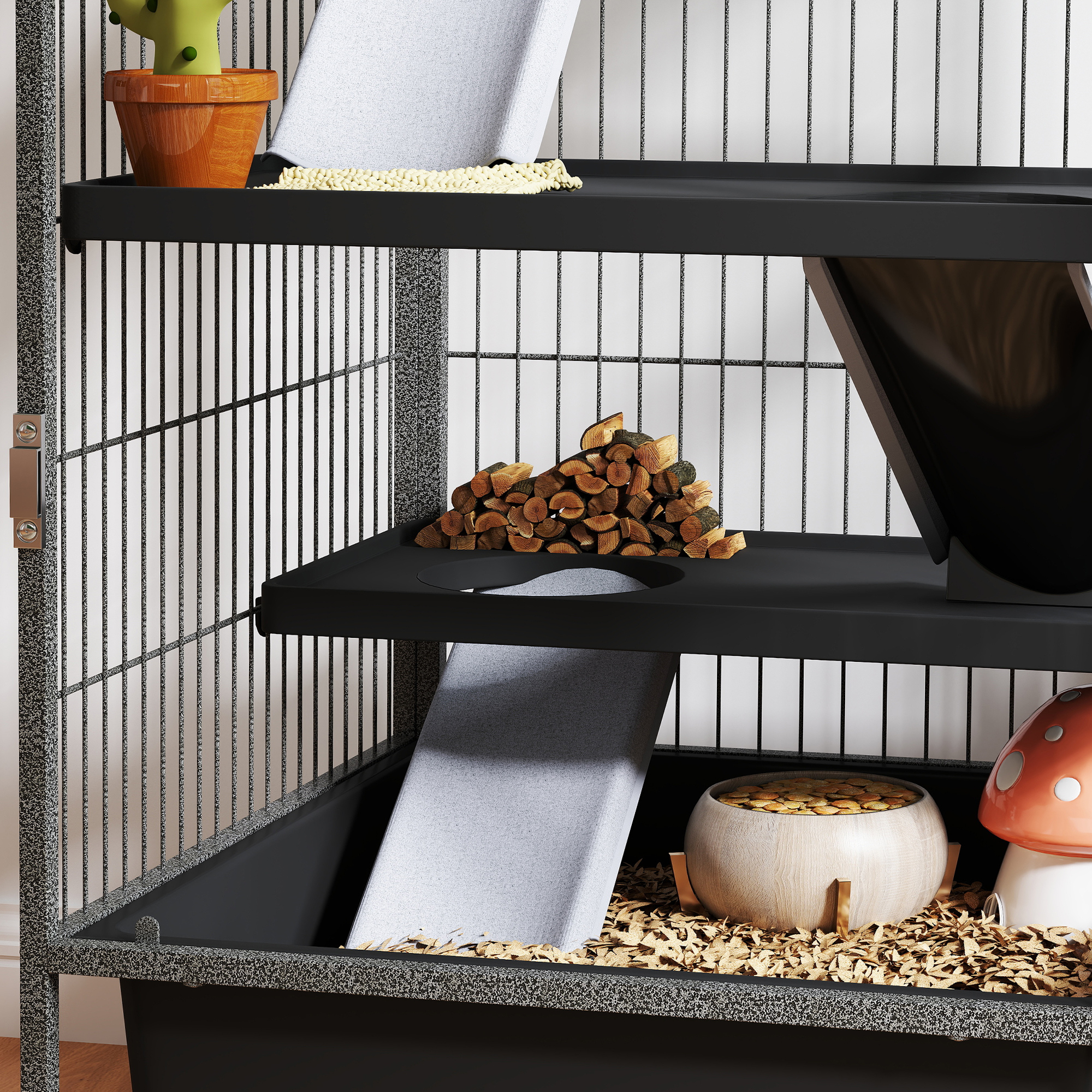 Kleintierkäfig 4-stöckiger Nagerkäfig mit ausziehbarem Tablett Rampen Hängematte Rollen Plattformen 52x52x115 cm Grau