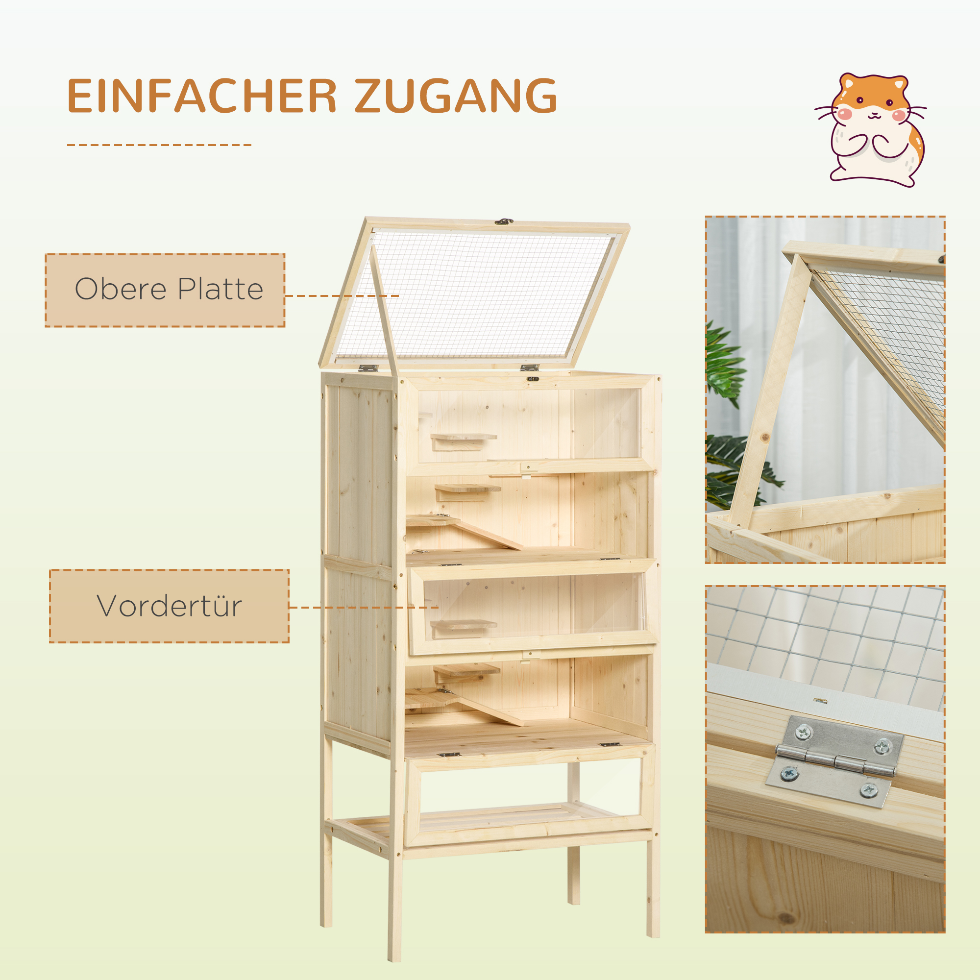 Hamsterkäfig aus Holz 5 Etagen Nagarium Nagerkäfig Kleintierkäfig mit Gitterdach Rampen, Holzkäfig Mäusekäfig groß Käfig für Hamster Zwerghamster 60 x 40 x 120 cm Naturholz