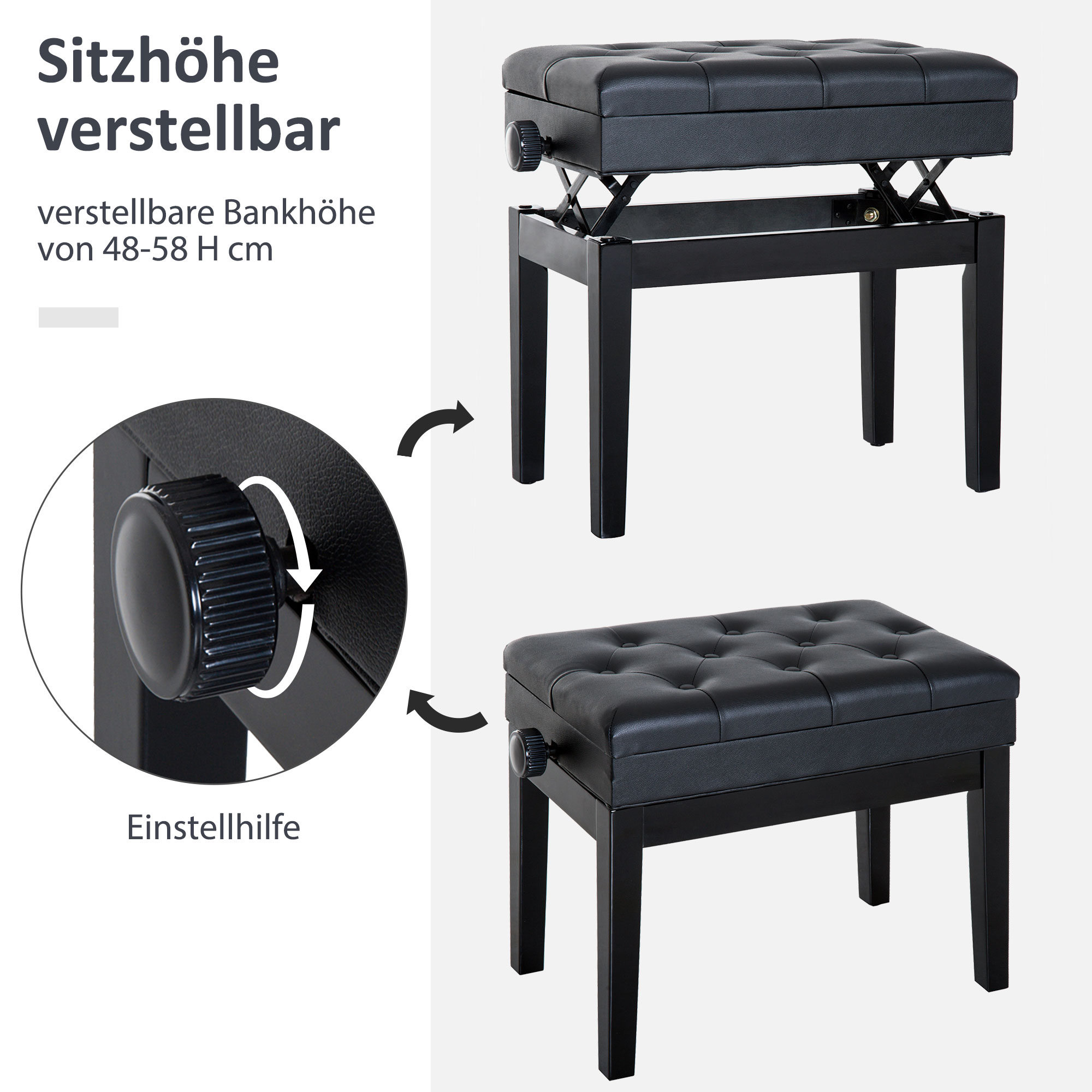 Klavierbank Höhenverstellbar Sitzbank mit Stauraum, Holzbeine, Klavierhocker aus Kunstleder, für Musikzimmer, belastbar bis 200 kg, 54,5 x 33 x 48-58 cm, Schwarz