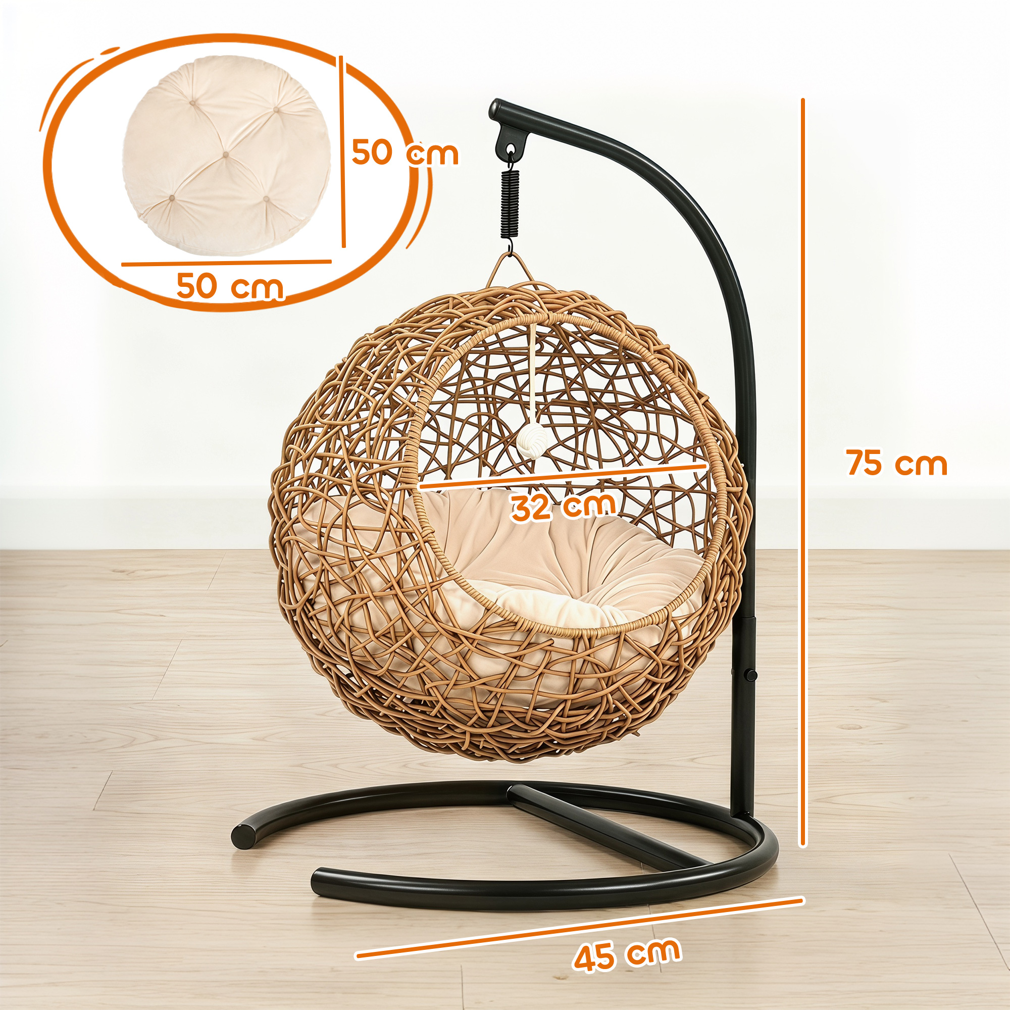 Katzenbett Rattan Katzenhöhle mit Waschbarem Kissen und Spielball, für Katzen bis 10 kg, 45 x 41 x 75 cm, Hellbraun