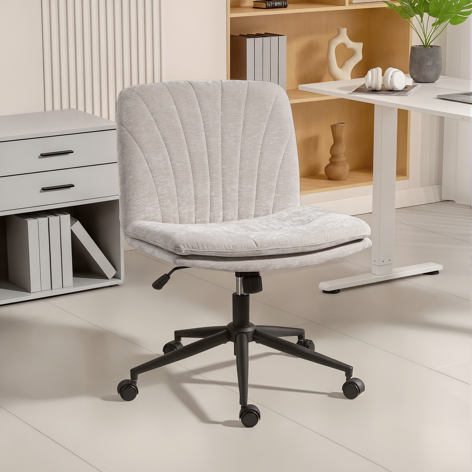 Homeoffice Stuhl Schreibtischstuhl mit Leinenoptik Höhenverstellbar Schneidersitz Drehstuhl mit Wippfunktion, Beige