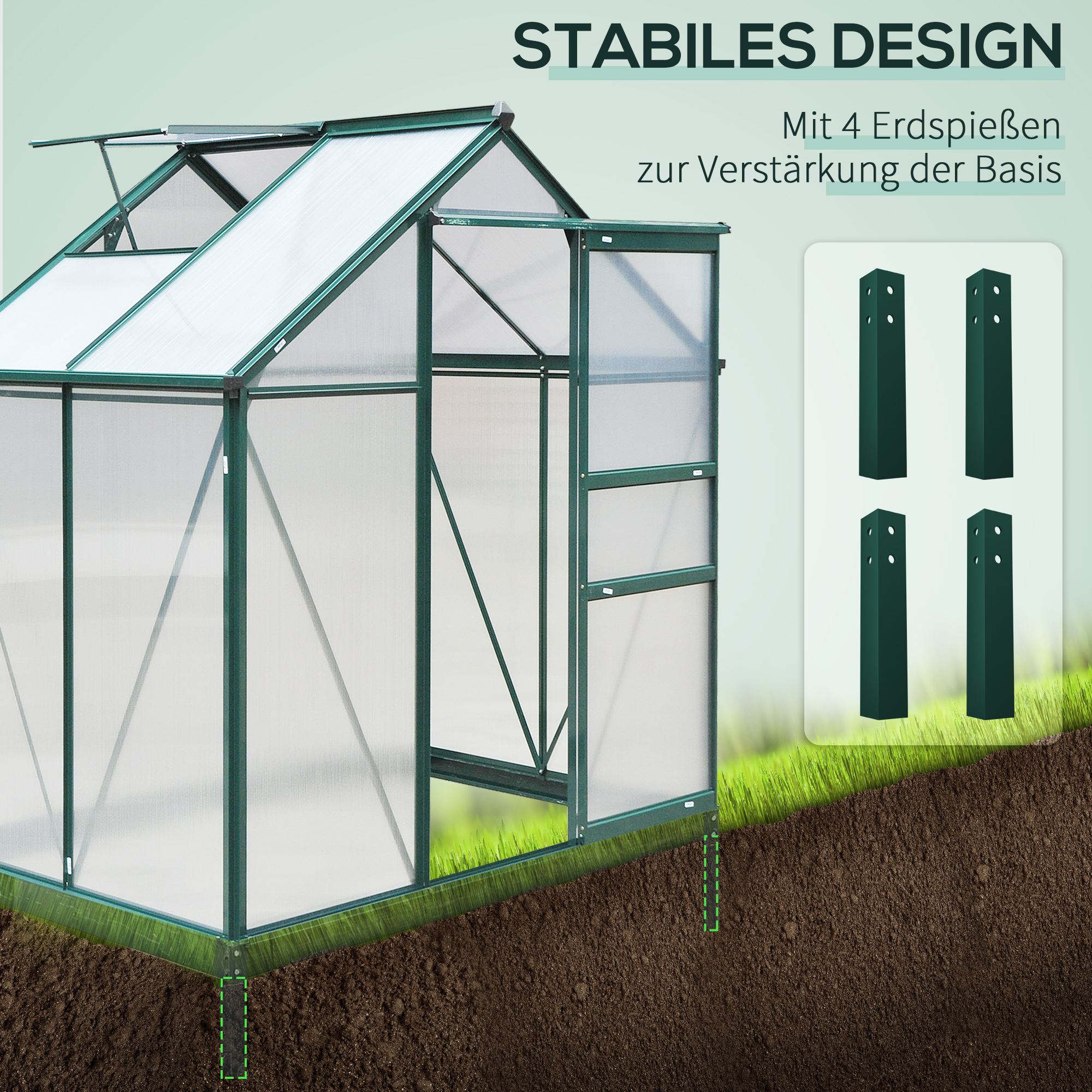 Gewächshaus mit Dachfenster Aluminium Treibhaus 190 cm x 132 cm x 201 cm Grün + Transparent
