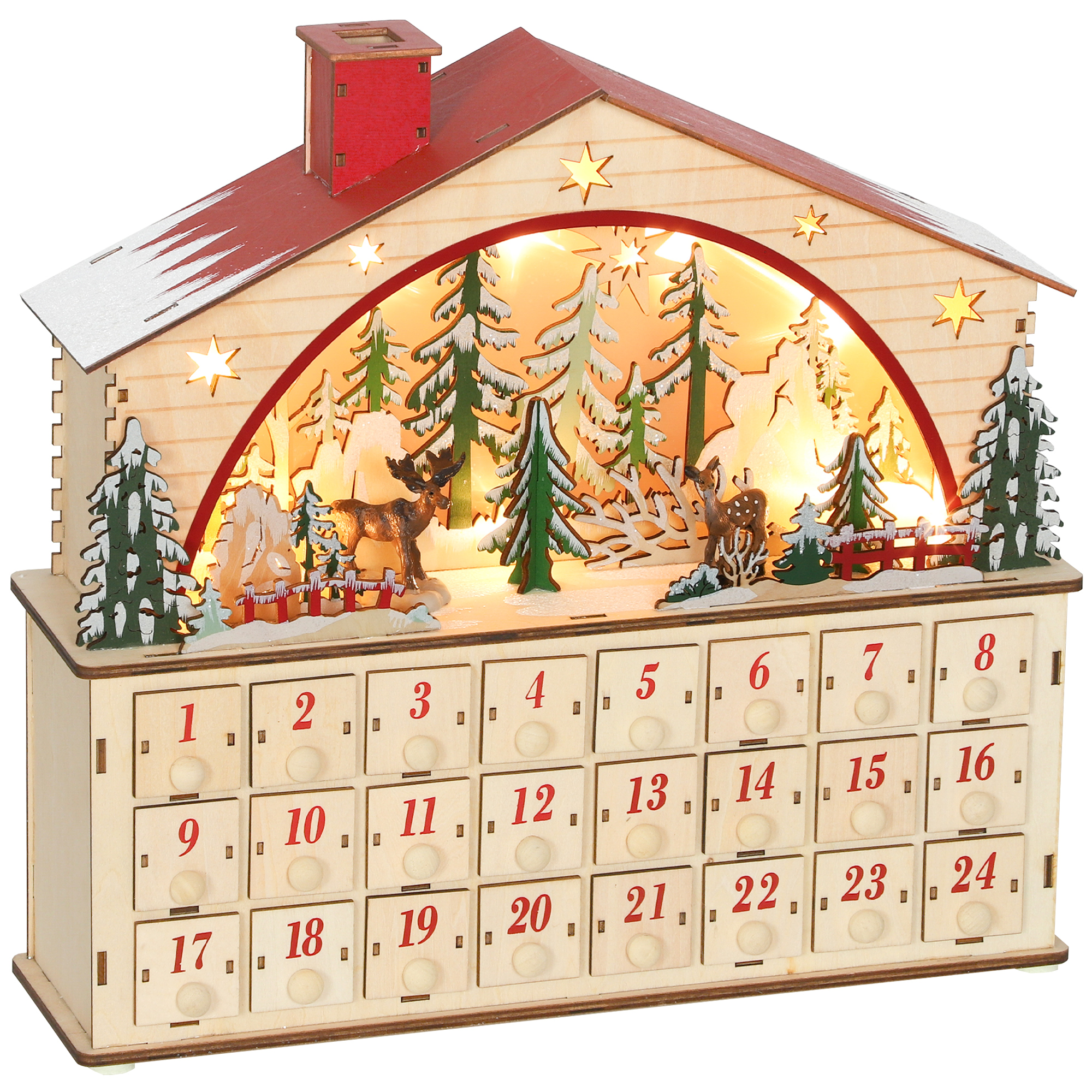 Adventskalender zum Befüllen 24 Schubladen Fächer Weihnachtskalender mit LED-Lichtern Naturholz 36 x 10 x 34 cm Adventskalender zum Befüllen 24 Schubladen Fächer Weihnachtskalender mit LED-Lichtern Naturholz 36 x 10 x 34 cm