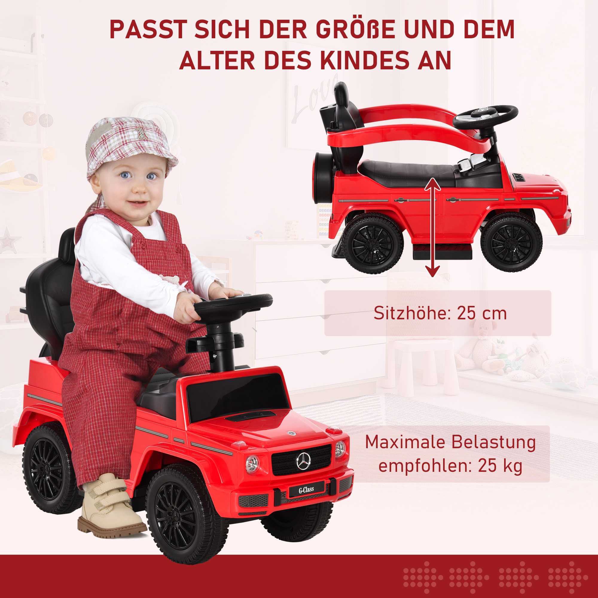 Rutschauto mit Schiebstange Mercedes-Benz G350 Rutschfahrzeug mit Lenkrad 3-in-1 Schiebeauto für 18-36 Monate Kinder Rot