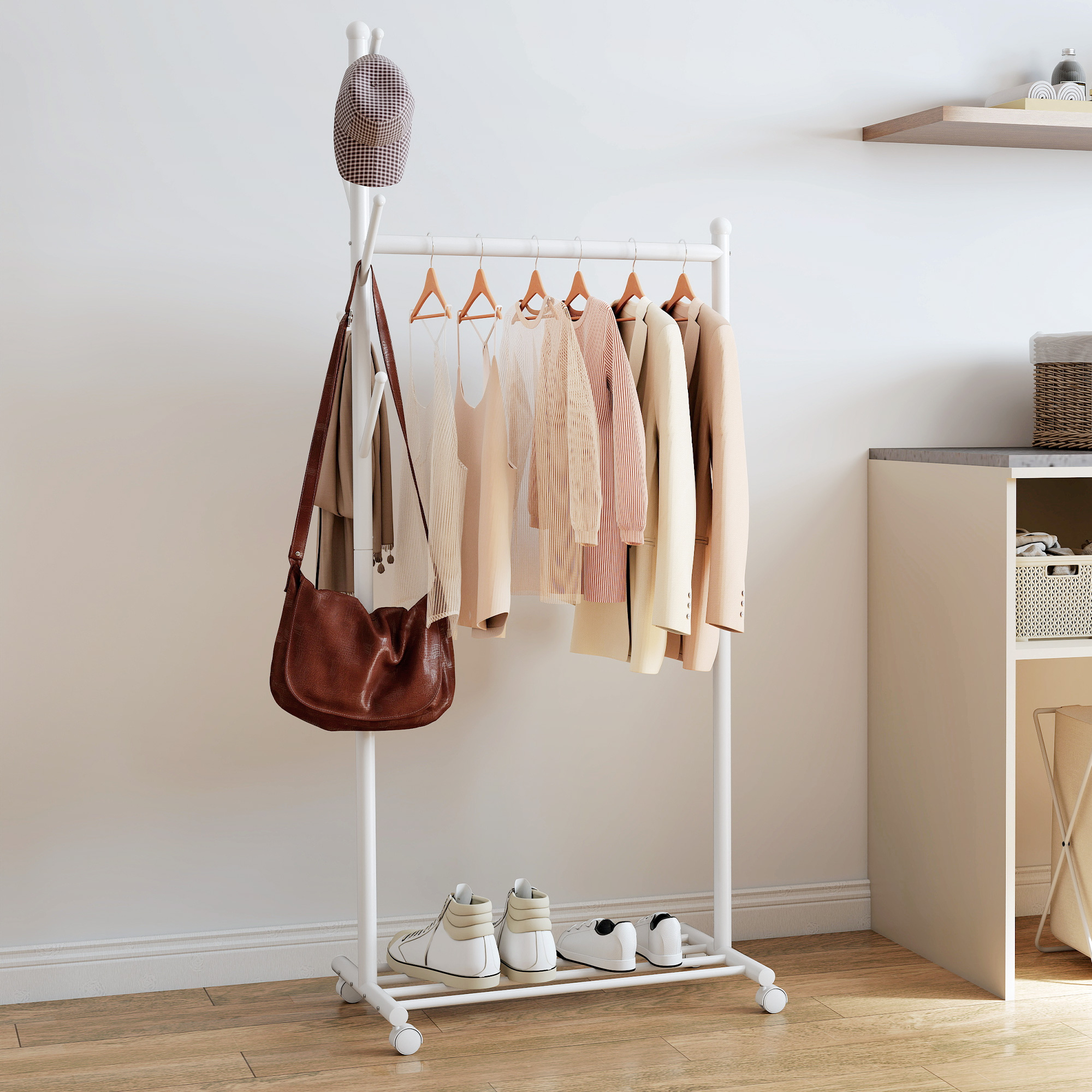 Kleiderständer mit Rolle, mobiler Garderobenständer mit Kleiderstange, 5 Haken, Schuhregal Weiß