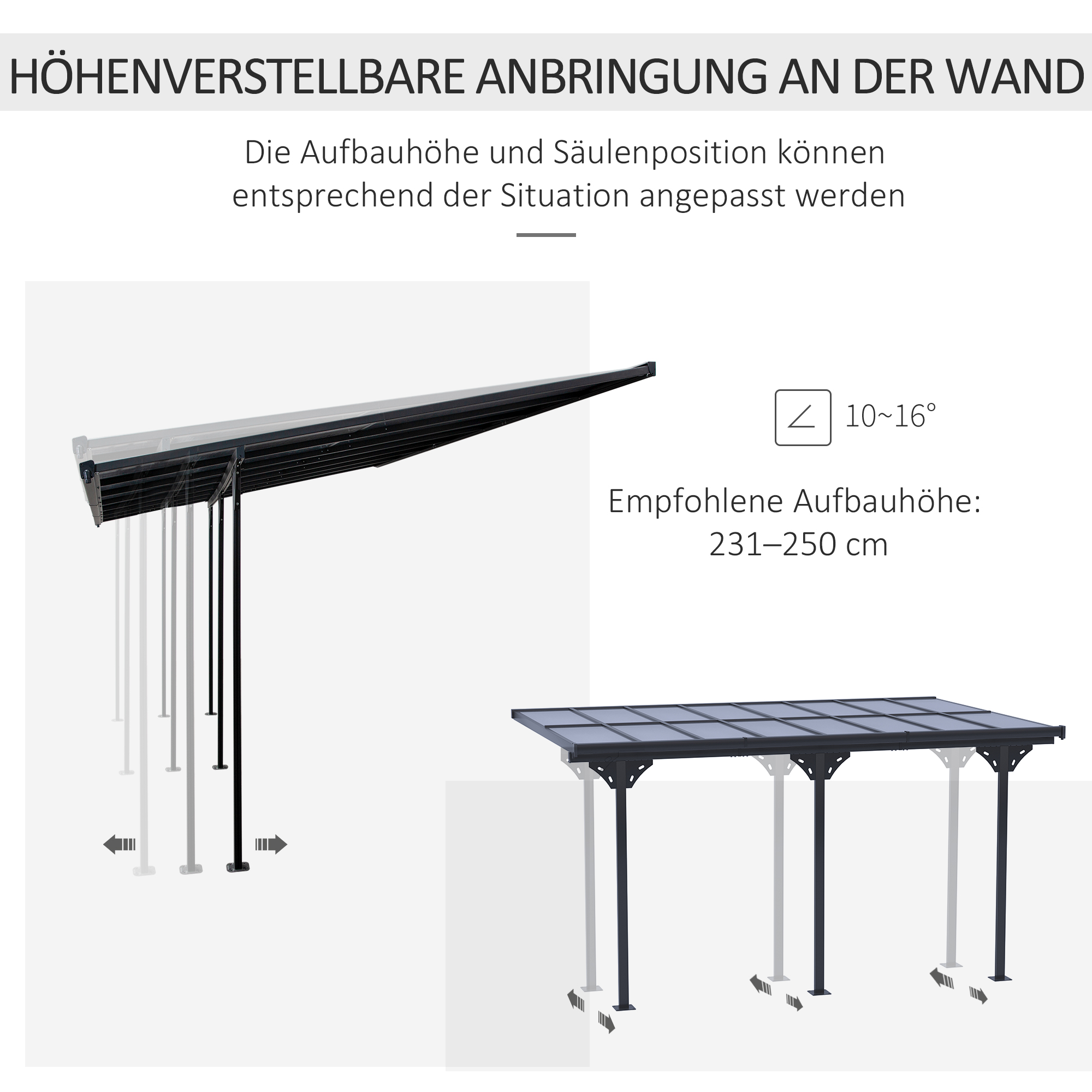 Pergola Pavillon  4.35 x 3.02 m Gartenpavillon Überdachung Zelt 231-250 cm höhenverstellbar Sonnenschutz Terrassendach Anbaupavillion Aluminium Grau