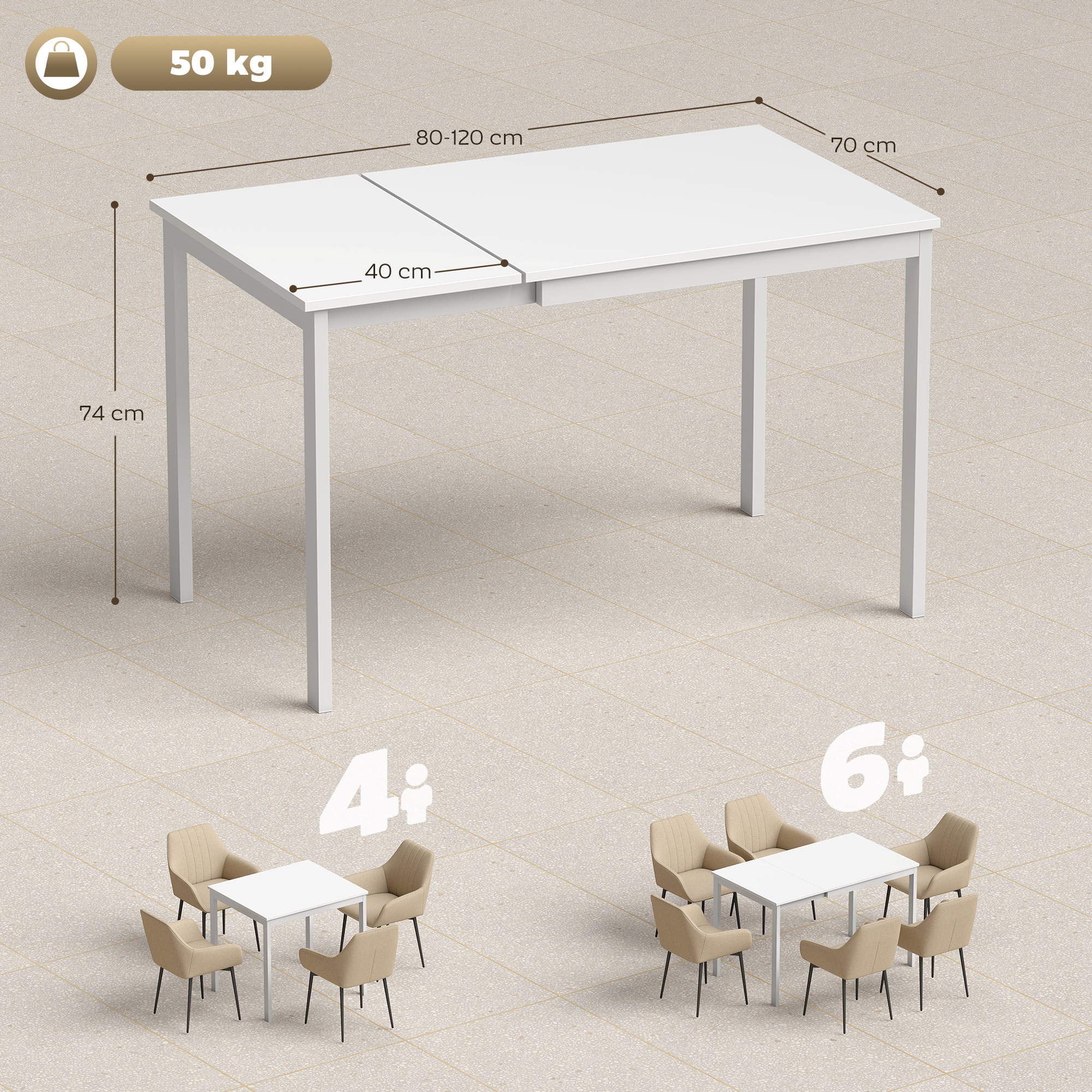 ausziehbarer Esstisch 80-120 cm für 4-6 Personen, Platzsparender Küchentisch mit einfacher Ausziehfunktion, Natur