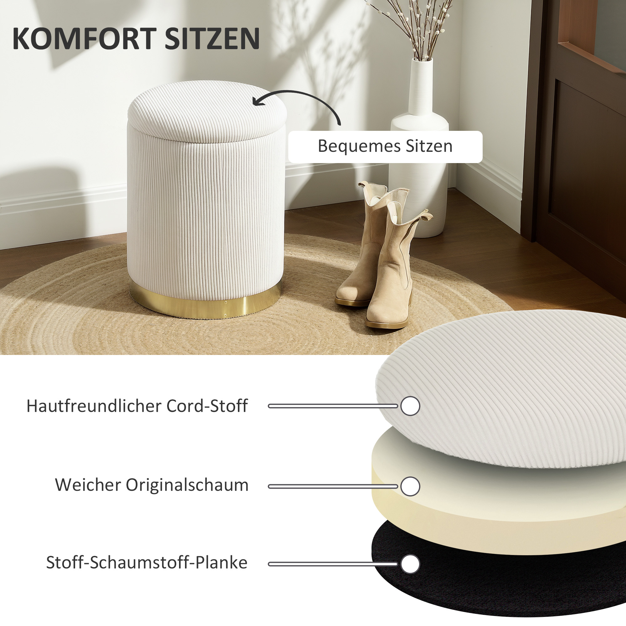 Sitzhocker mit Stauraum klappbare Hocker mit Deckel, Stahlboden, Runder Fußhocker 36 x 36 x 44 cm Cremeweiß