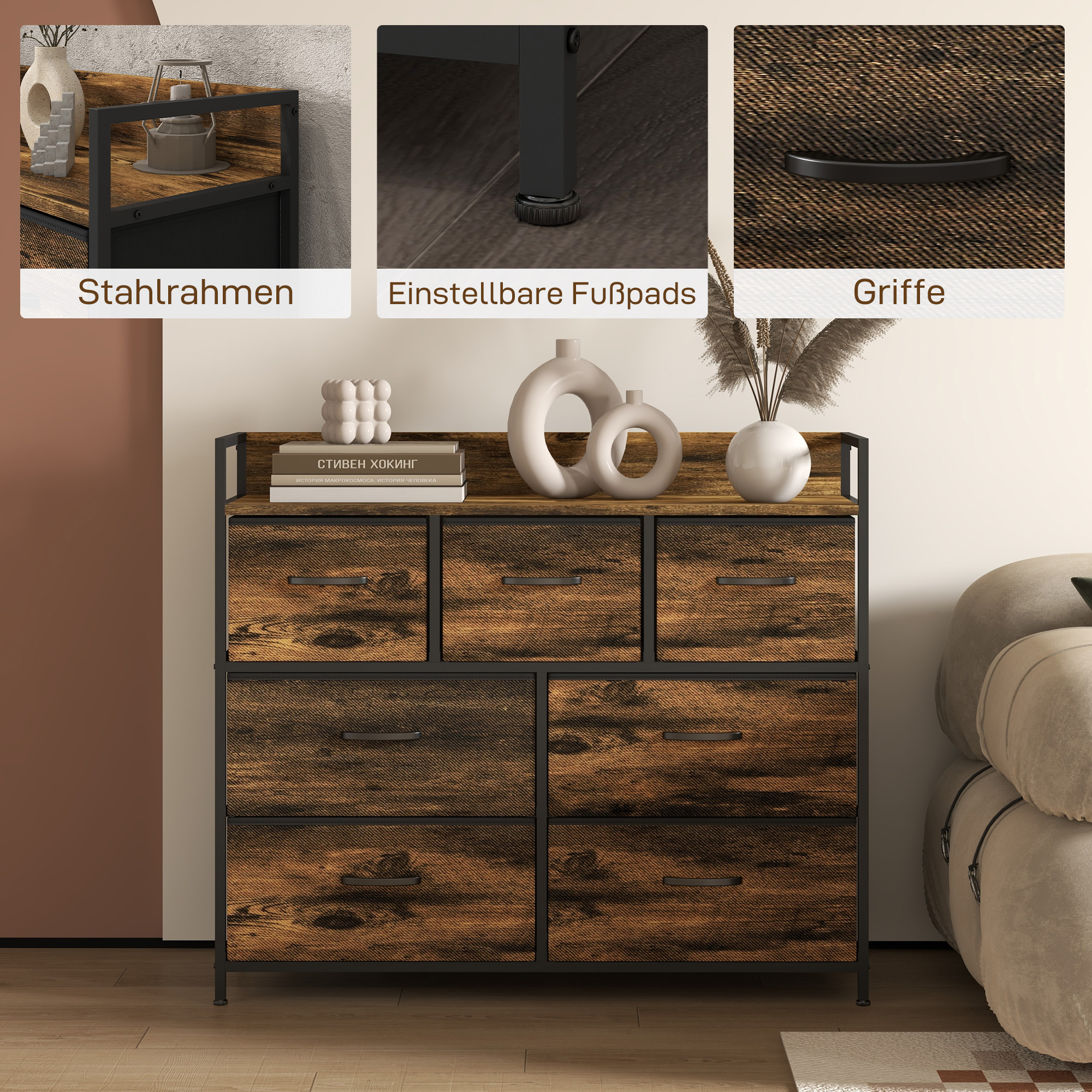 Kommode, Sideboard mit 7 Stoffschubladen, Industrial Design, Stahlrahmen, 98x29x85cm, Braun/Schwarz