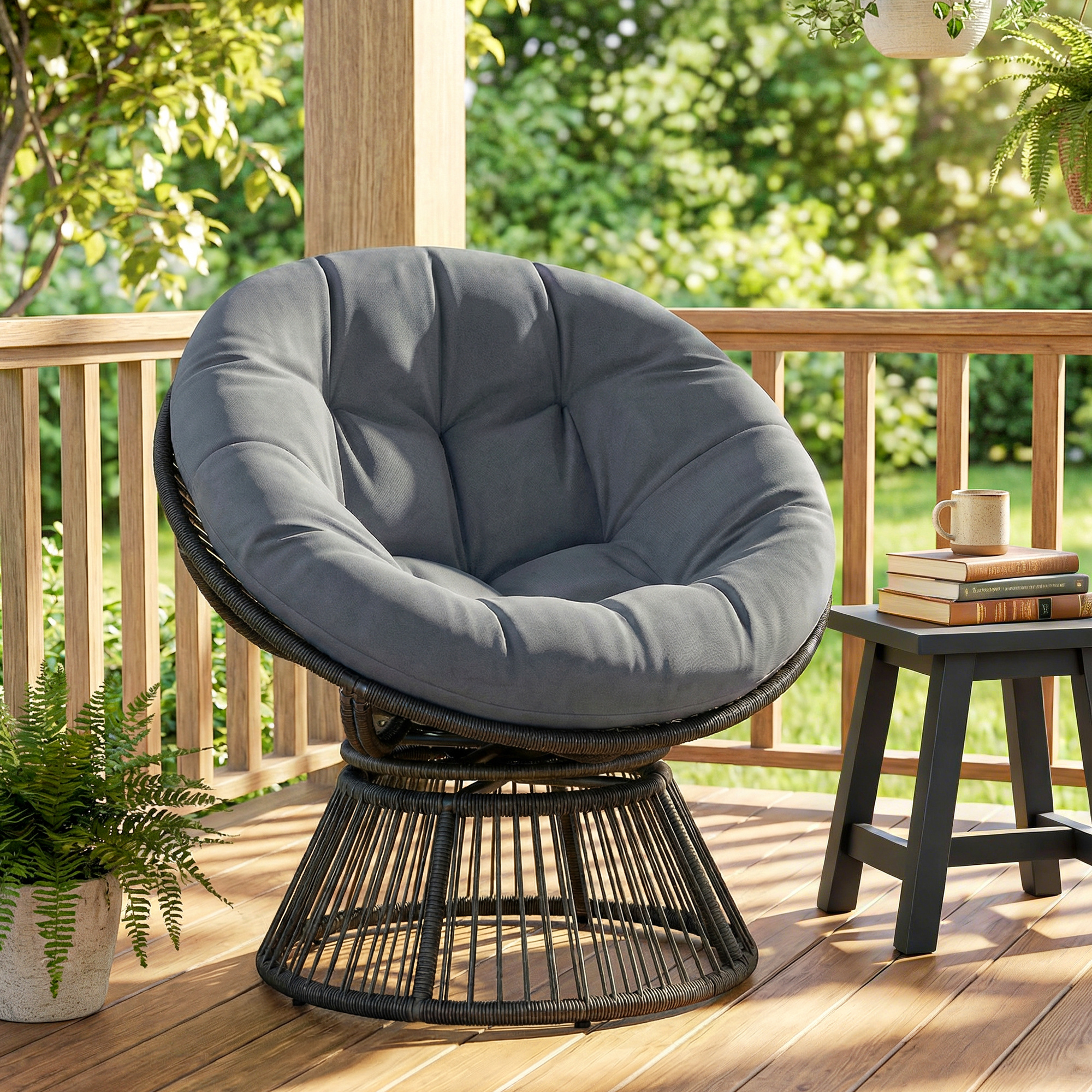 Papasansessel 360° drehbar Korbsessel mit Kissen Stahlrahmen runder Rattansessel Loungesessel Grau