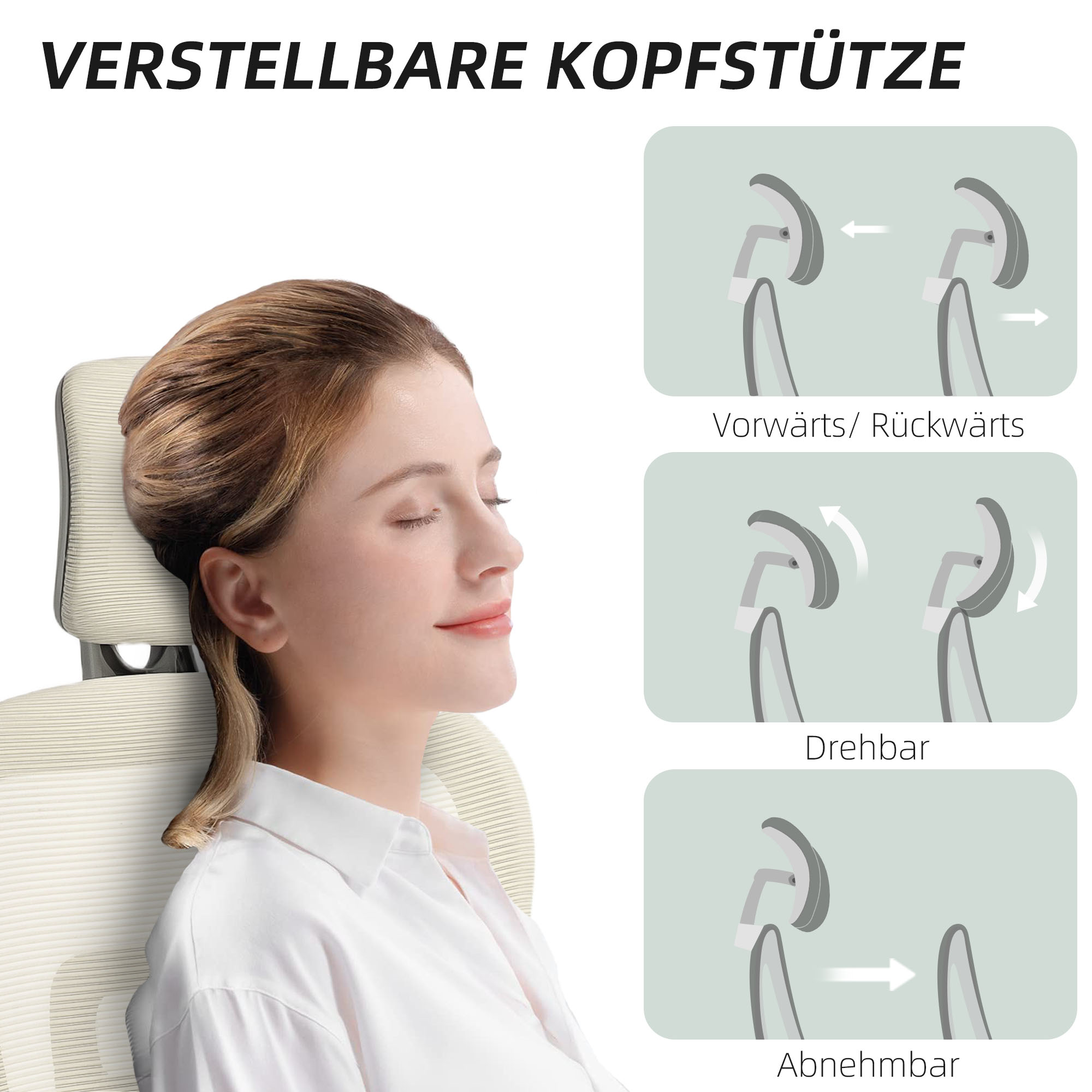 Bürostuhl, Ergonomischer Schreibtischstuhl mit Netzstoffbezug, verstellbar, rollbar, mit Armlehnen, Kopfstütze, Beige
