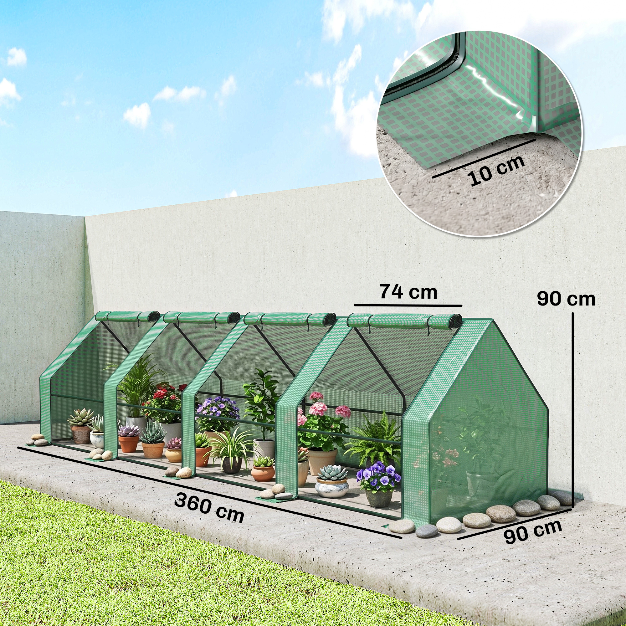 Gewächshaus mit Reißverschlussfenster, winterfest Foliengewächshaus aus Stahl 360 x 90 x 90 cm Grün