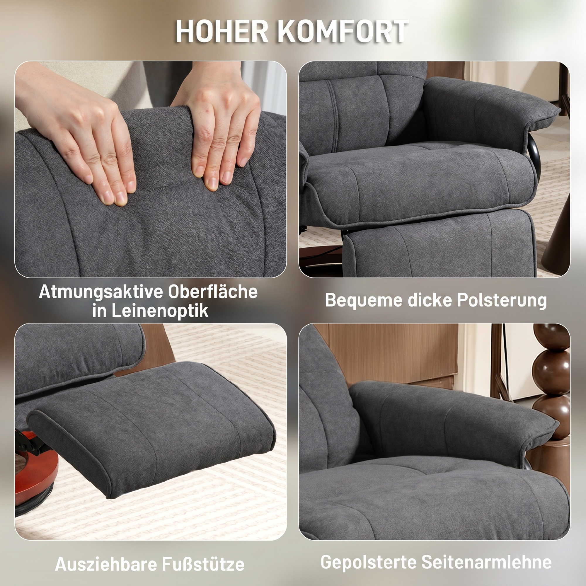 Drehbarer Relaxsessel, Leinenoptik, manuell verstellbarer Sessel mit Holzfuß, Fußstütze, hohe Rückenlehne, Grau