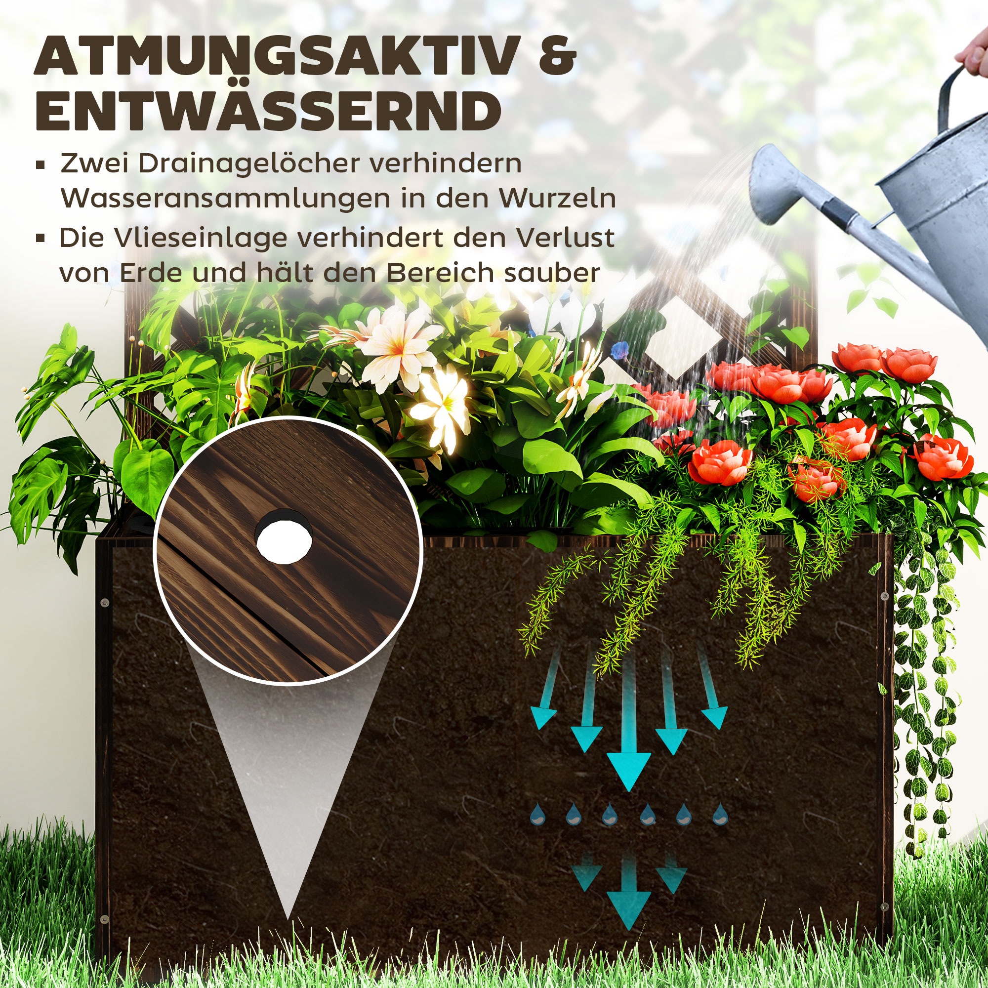 Hochbeet Pflanzkasten mit Rankgitter, Spalier Pflanzkübel Blumenkasten Holz, Gartenspalier 64 x 33 x 122cm Verkohlt