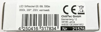LED Stiftsockel G9, 6W, 590lm / 3000k, 330°, 230V, warmweiß