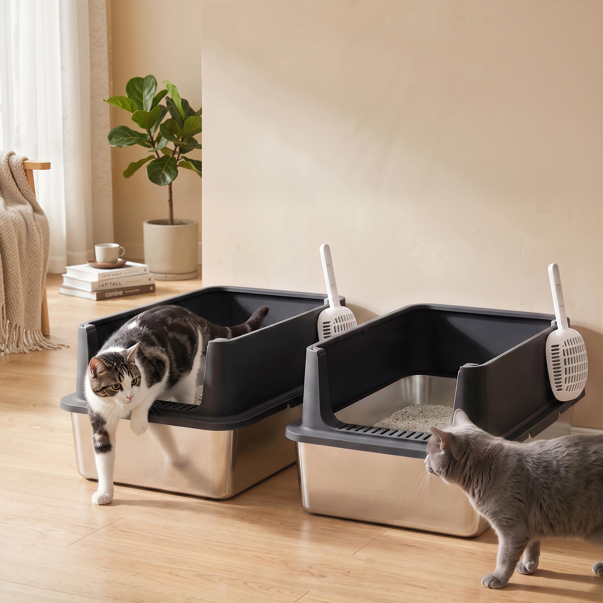 2er-Set Katzenklo Edelstahl XL mit Hohem Rand Deckel 60x40x30cm Halboffene mit 2 Schaufeln, für Große Katzen bis 8 kg