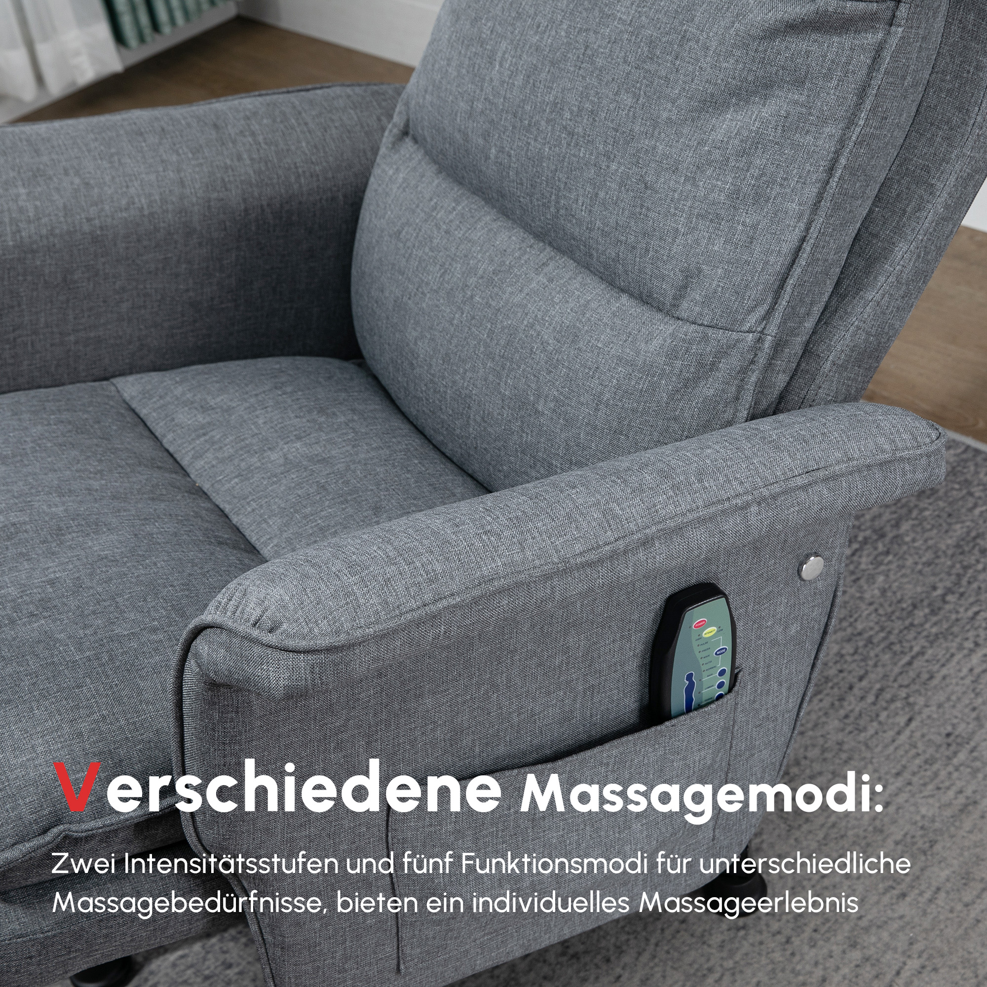 Massage-Bürostuhl mit Fußhocker, 8 Vibrationsköpfe, 1 Fernbedienung, 1 Seitentasche, Grau