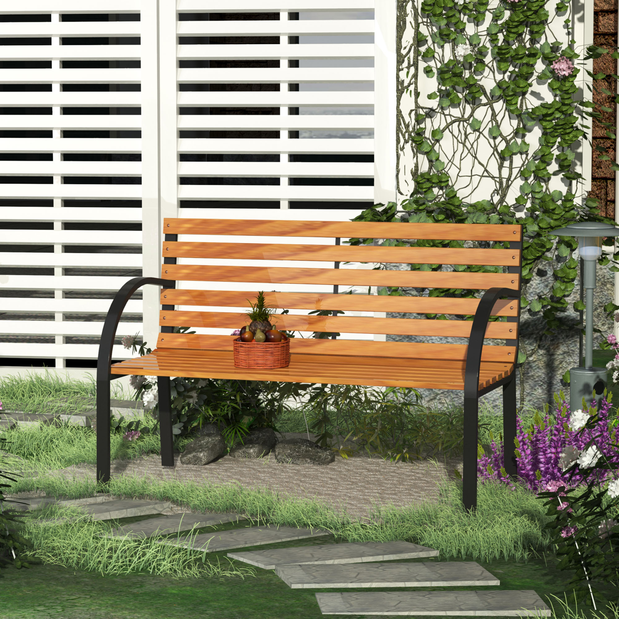 Gartenbank Sitzbank Parkbank 2-Sitzer Garten Stahl+Kiefernholz Natur B122 x T60 x H83 cm