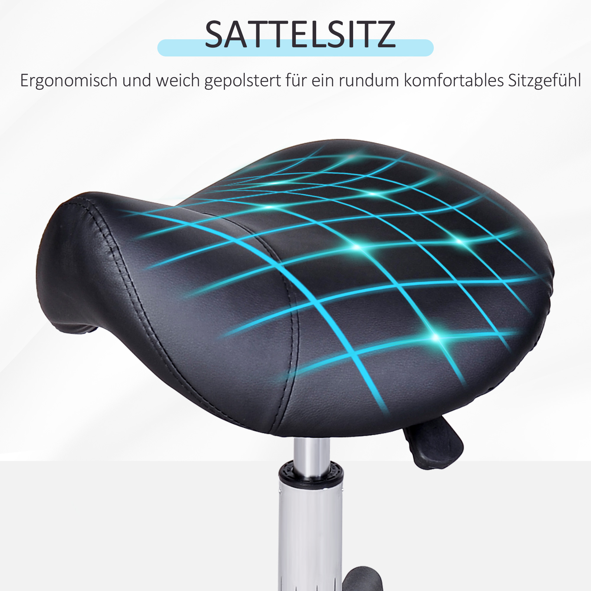 Rollhocker, sattelförmiger Sitz, höhenverstellbar, um 360° drehbar, Kunstleder, schwarz, 35 x 38 x 45-55 cm