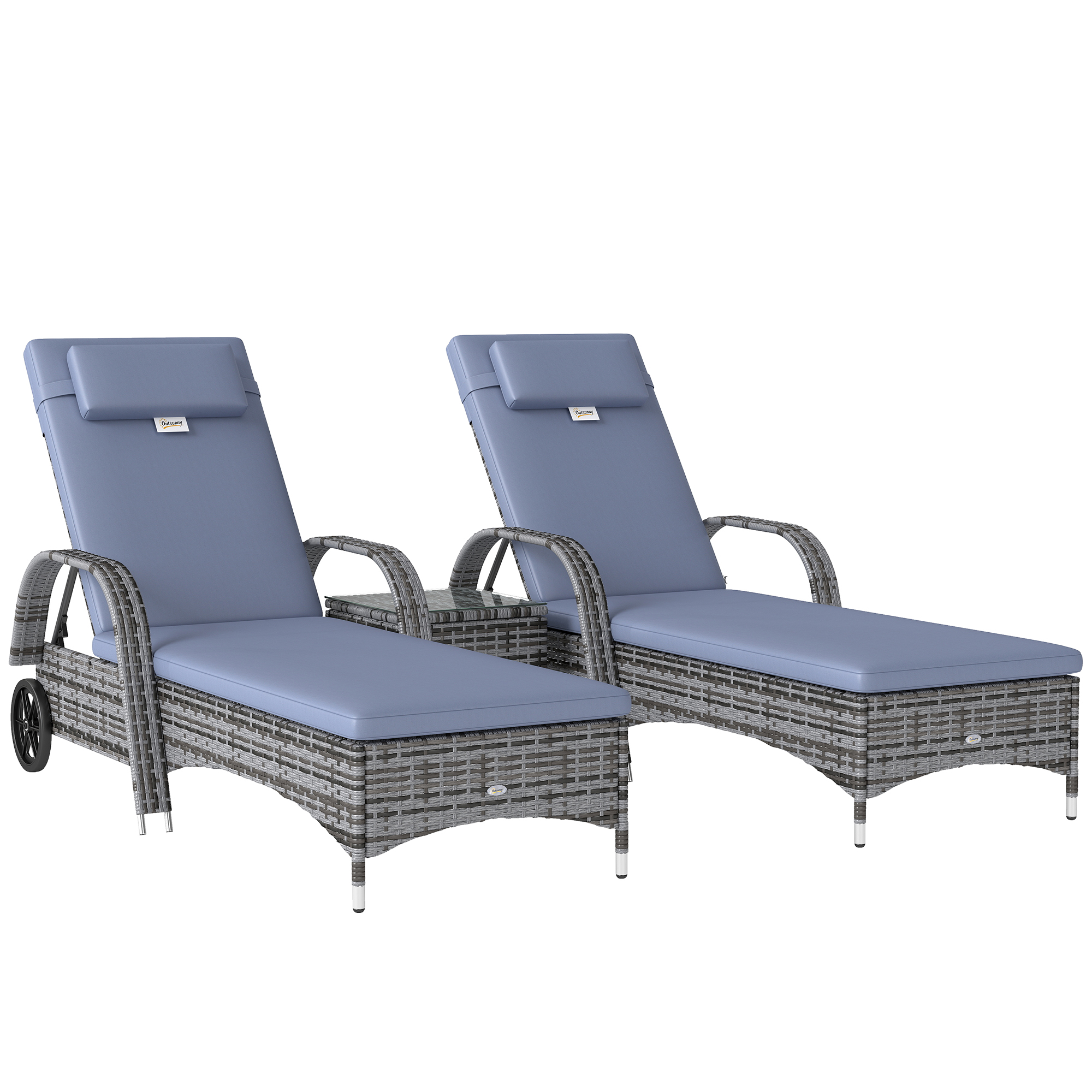 Sonnenliege Gartenliege Tisch 3er-Set Gartenmöbel, Polyrattan+Metall Grau