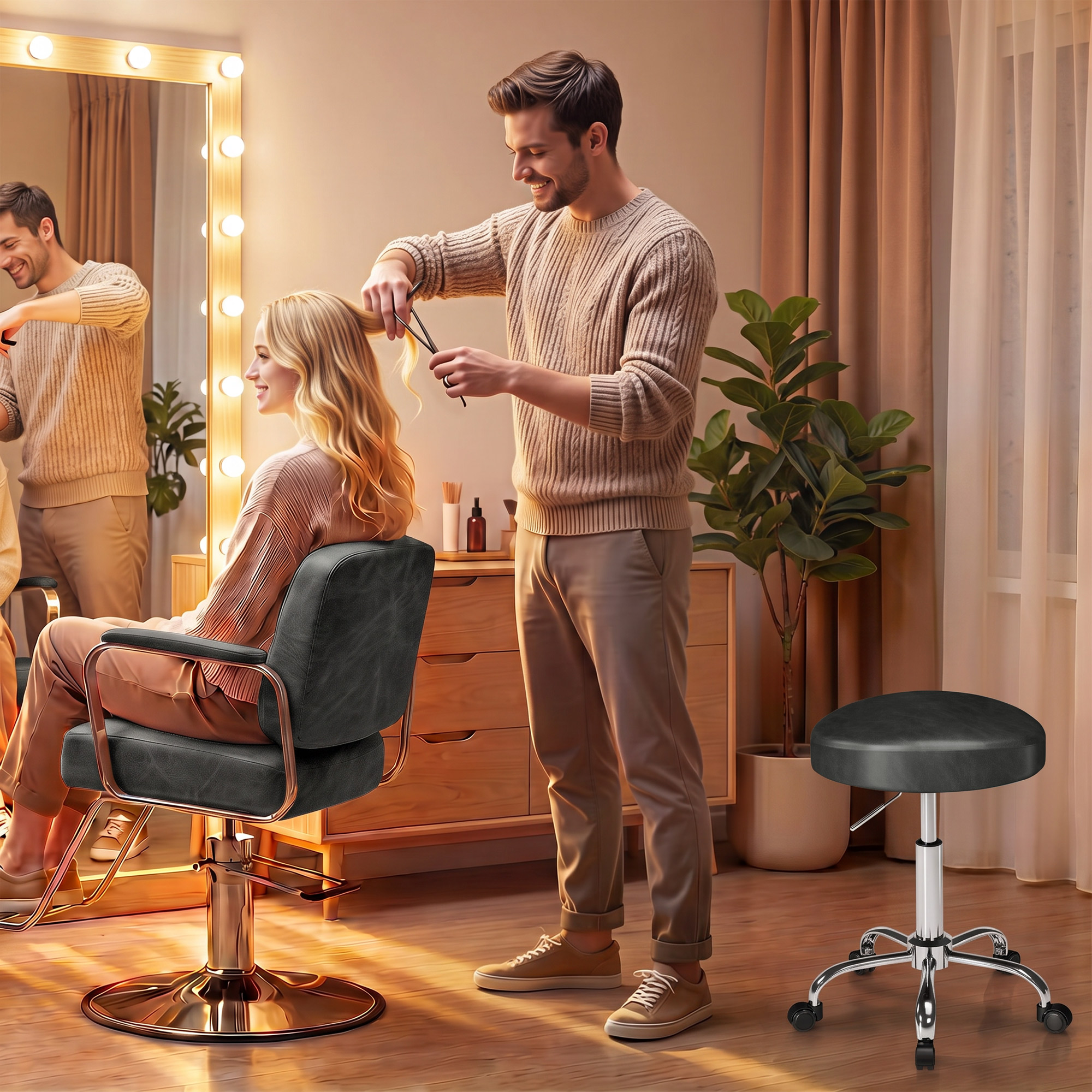 Rollhocker aus PU-Leder, höhenverstellbarer Salonhocker mit gepolsterter Sitzfläche, drehbarer Beautyhocker auf Rollen