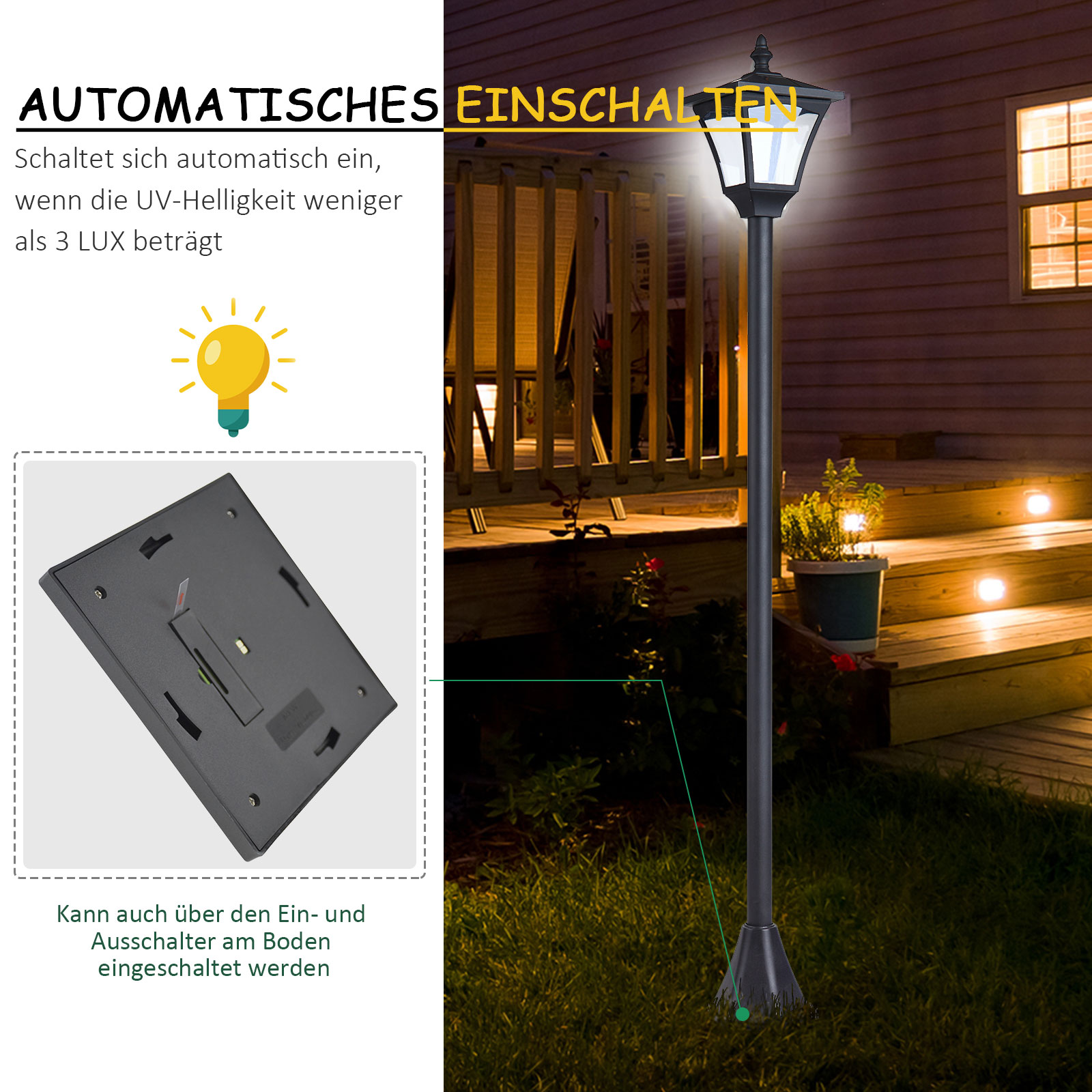LED Solar Gartenlaterne, Gartenlampe aus Kunststoff 120 cm hoch Stehleuchte IP44, Gartenlampe mit 30 Lumen Lichtsensor Solarlampe mit Erdspieß, Windlicht für Garten Balkon Schwarz