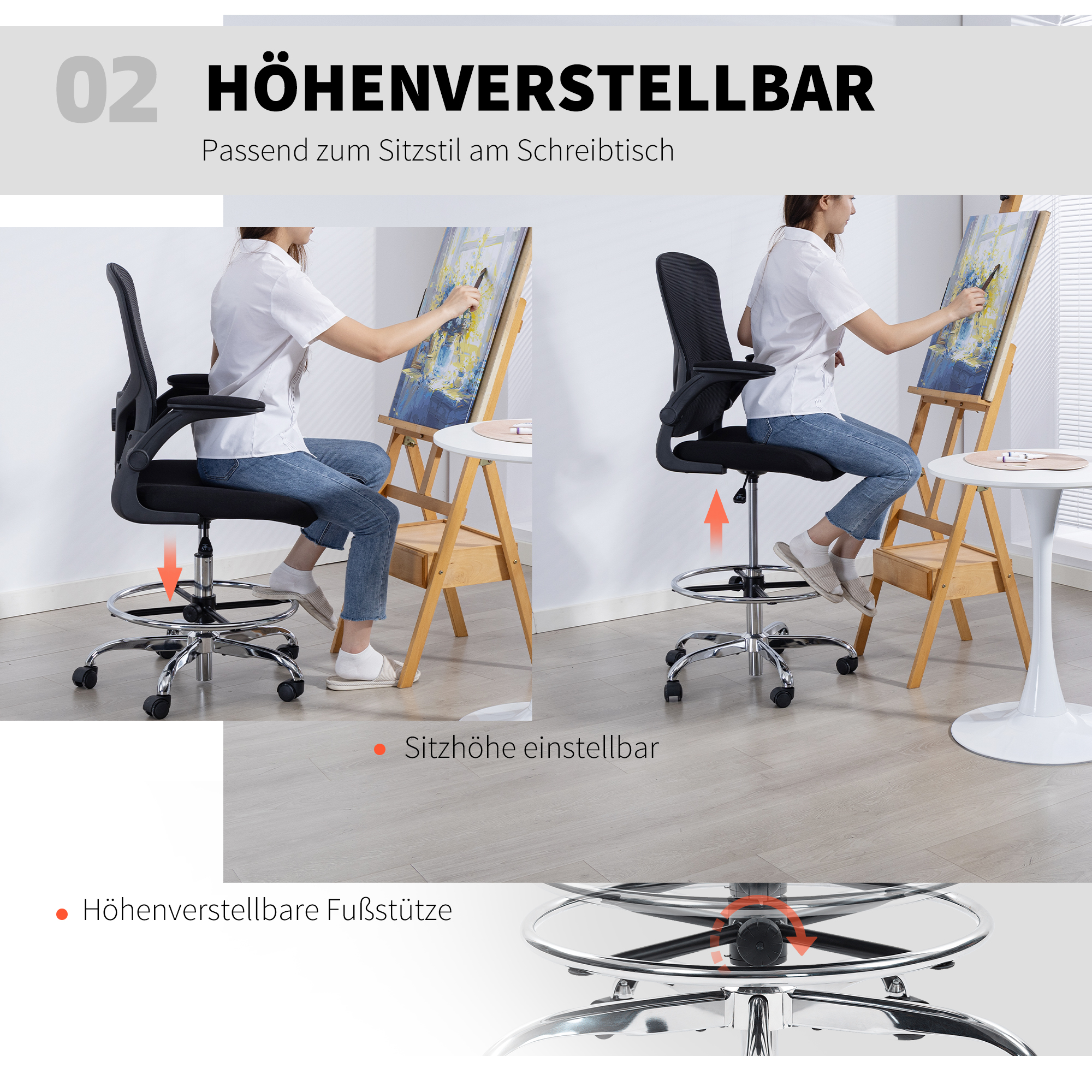 Zeichenstuhl mit Lendenstütze, höhenverstellbar, drehbar, für Homeoffice, Studio, Kunstprojekte, Schwarz