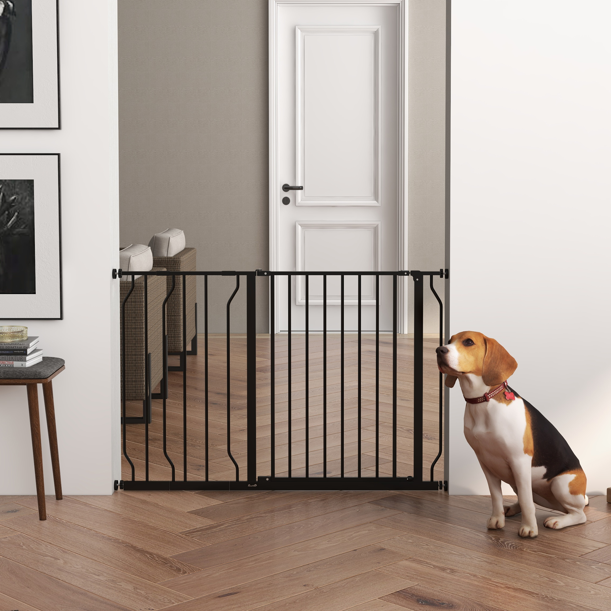 Hunde-Absperrgitter, Klemmmontage, verstellbare Länge, Stahl/ABS, 75-115 x 76cm, Schwarz
