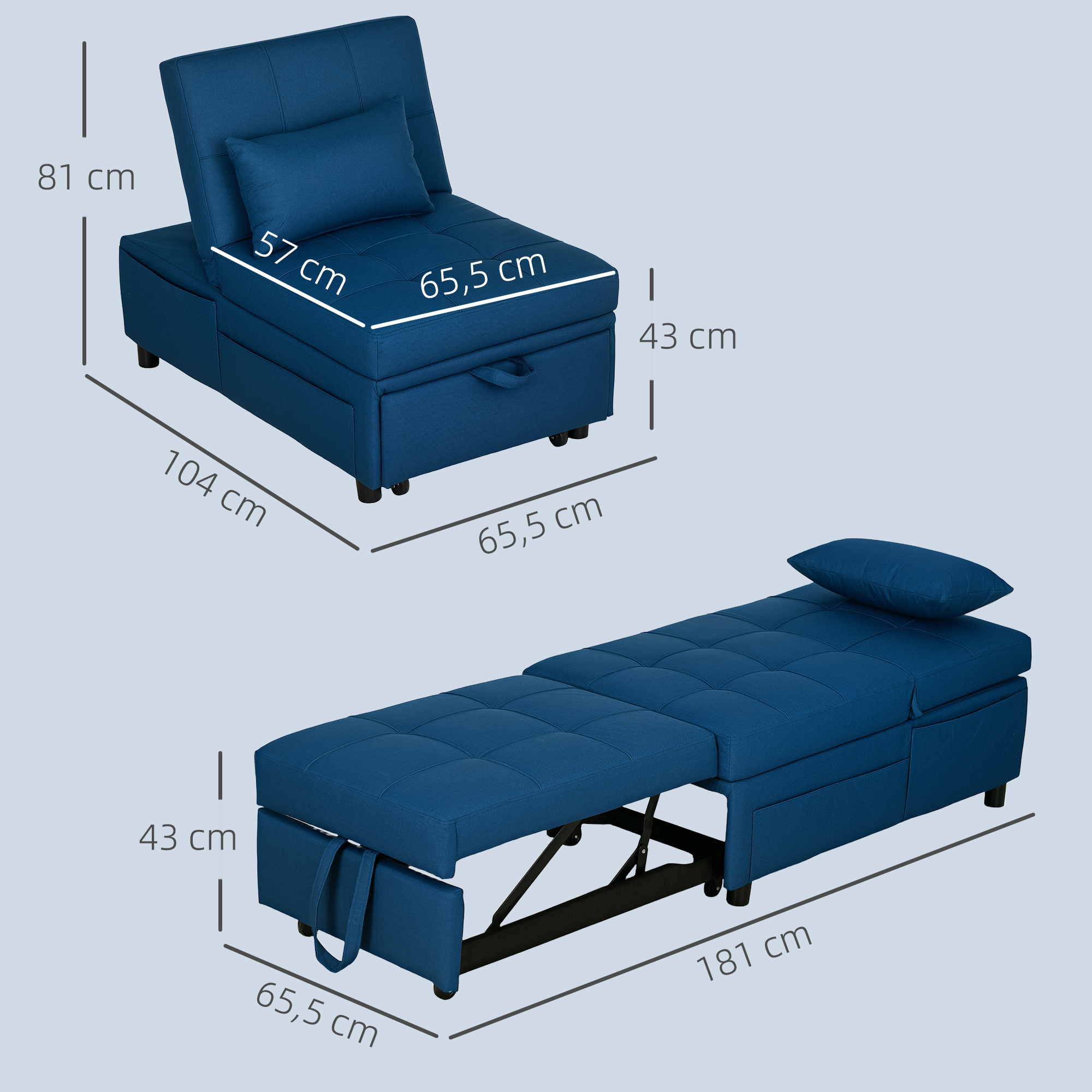 3-in-1 Klappsessel mit Seitentasche, Gästebett mit Kissen, Verstellbarer Rückenlehne, Bettsessel mit Rollen, Blau