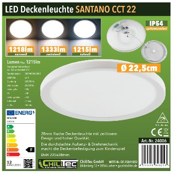LED Deckenleuchte "Santano FR-22 CCT" / IP54, Ø 22,5cm, 12W,  CCT 3000-6000K