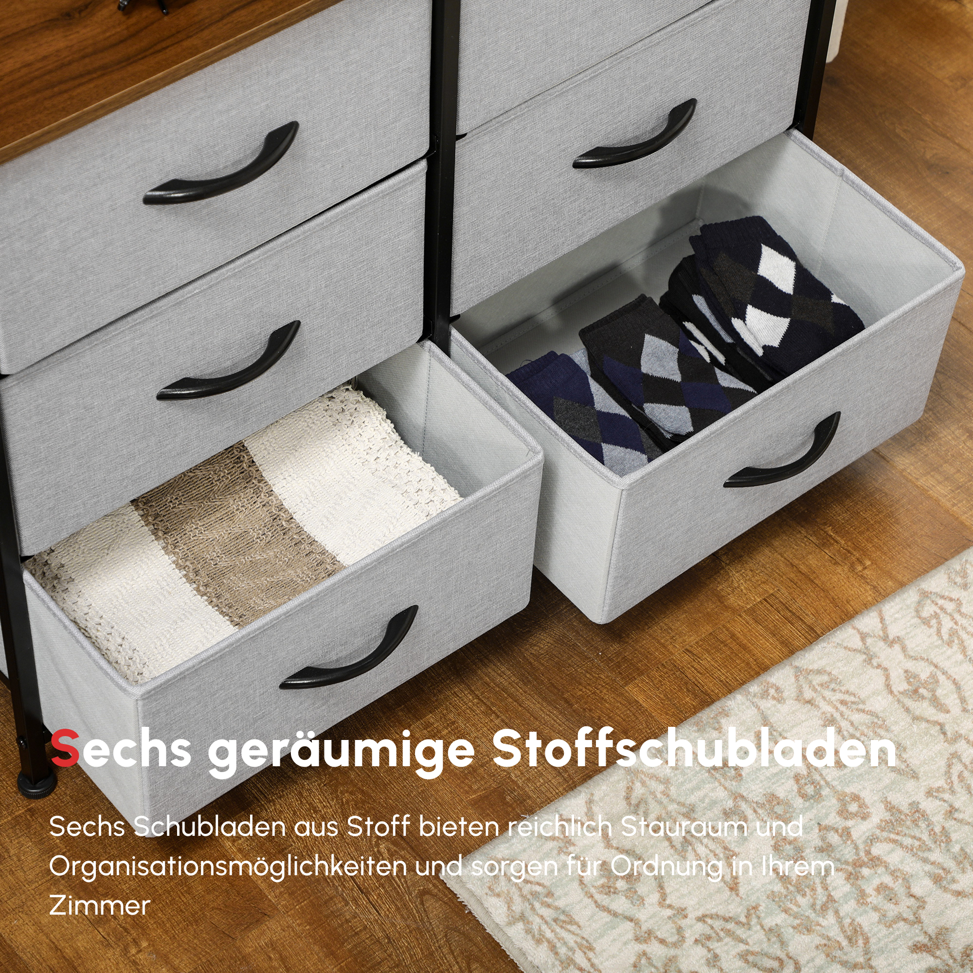 Kommode Sideboard, 6 Schubladen, Stoffschubladen, 80 cm x 30 cm x 62,5 cm, Braun + Schwarz + Grau