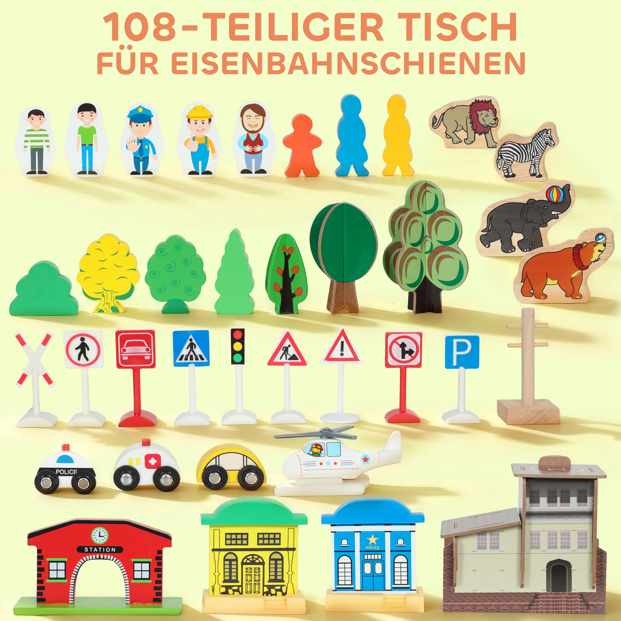 Spieltisch, 108-teiliges Eisenbahn-Set aus Holz, mit abnehmbarer Tischplatte, Eisenbahntisch, 98x60,5x40 cm, Blau
