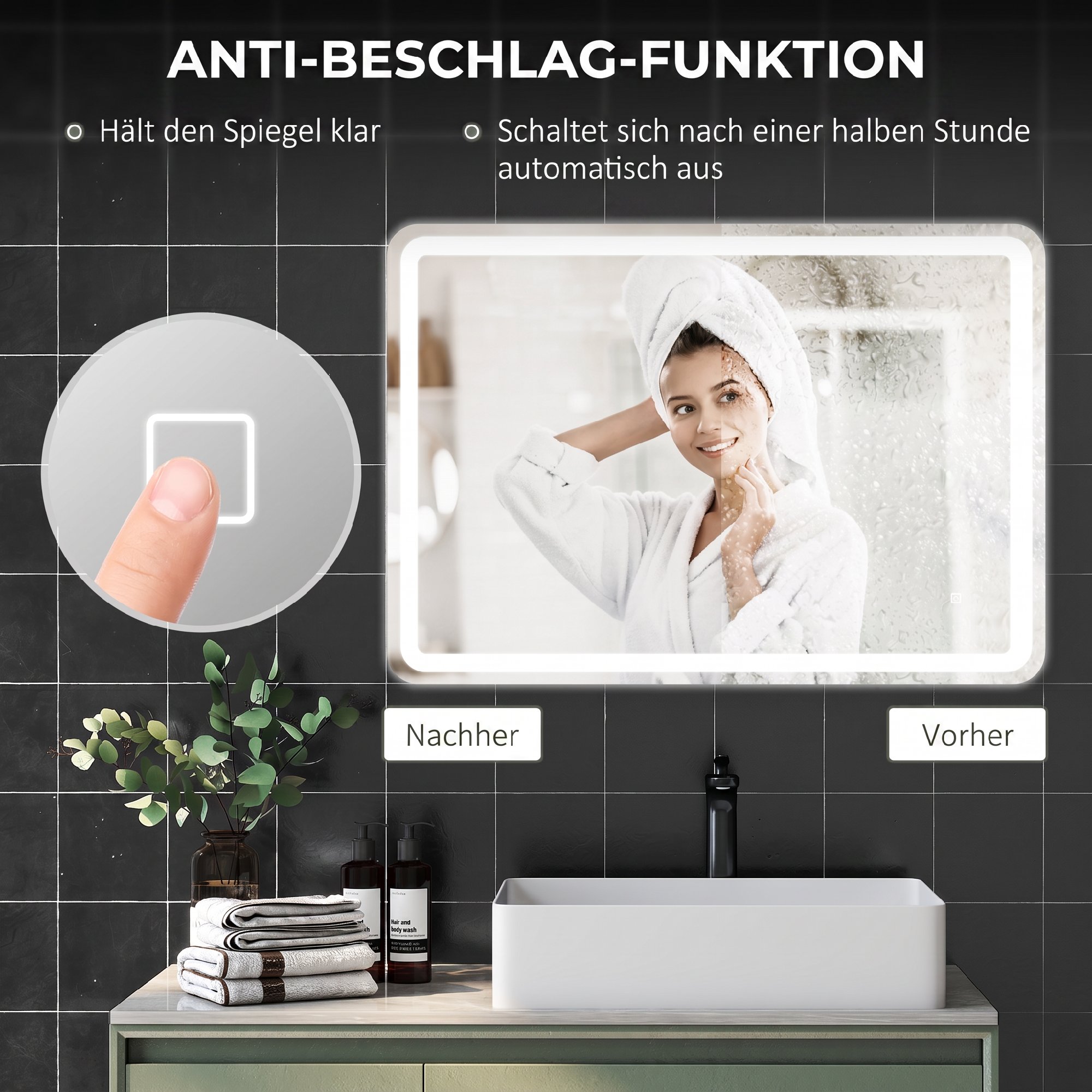 Badezimmerspiegel, beleuchtet, Touch-Steuerung, beschlagfrei, dimmbar, 3 Lichtfarben, 70 x 100, Silber