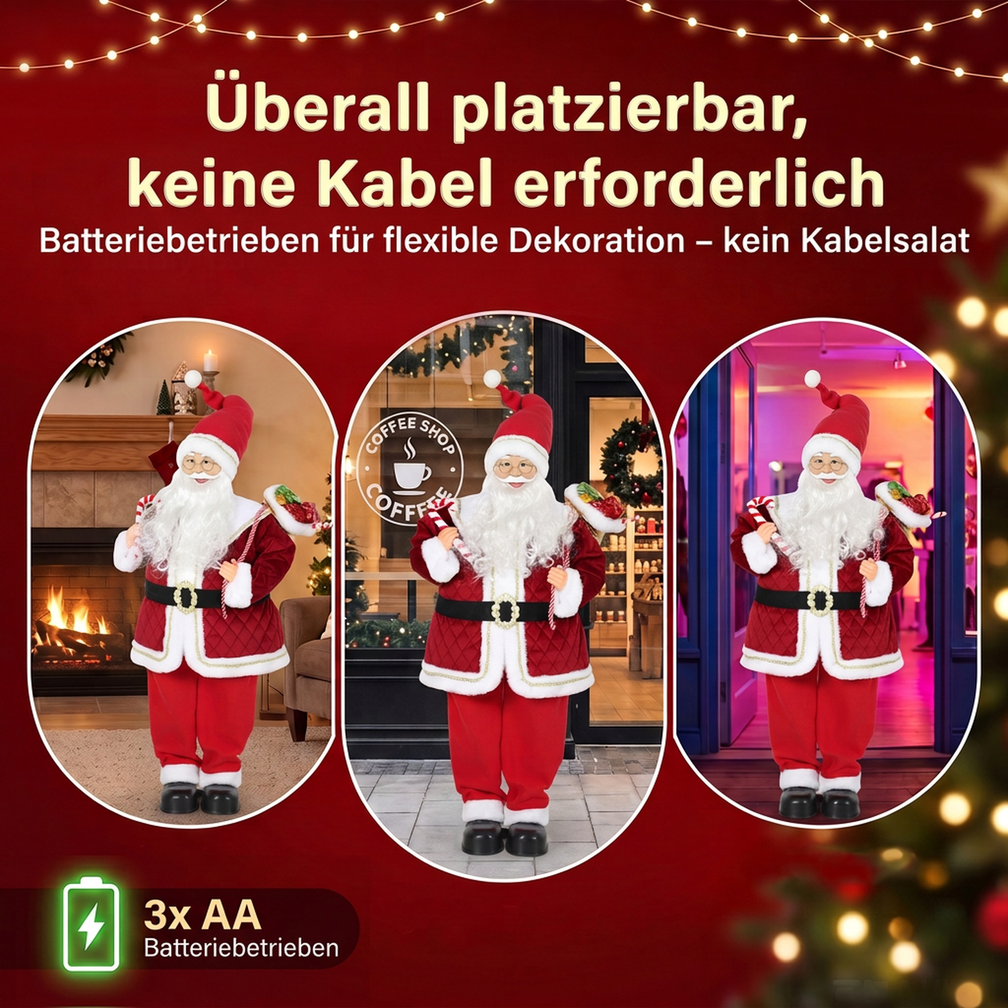Singender Weihnachtsmann, 120 cm, lebensgroß, animiert, mit drehbarem Kopf und beweglichen Armen