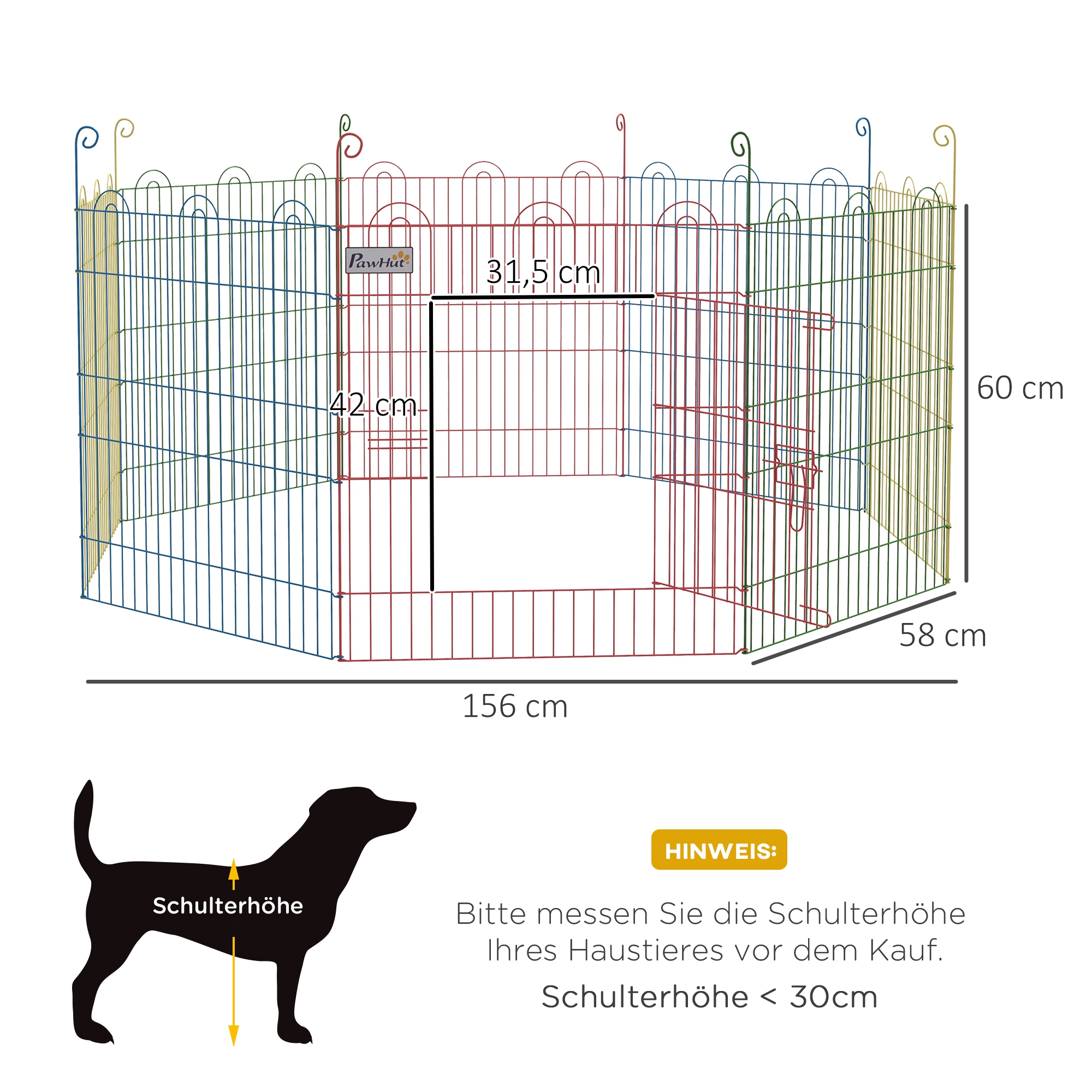 Freilaufgehege, Welpenauslauf, modulares Design, verriegelbar, Stahl, Ø156x60H cm, Bunt